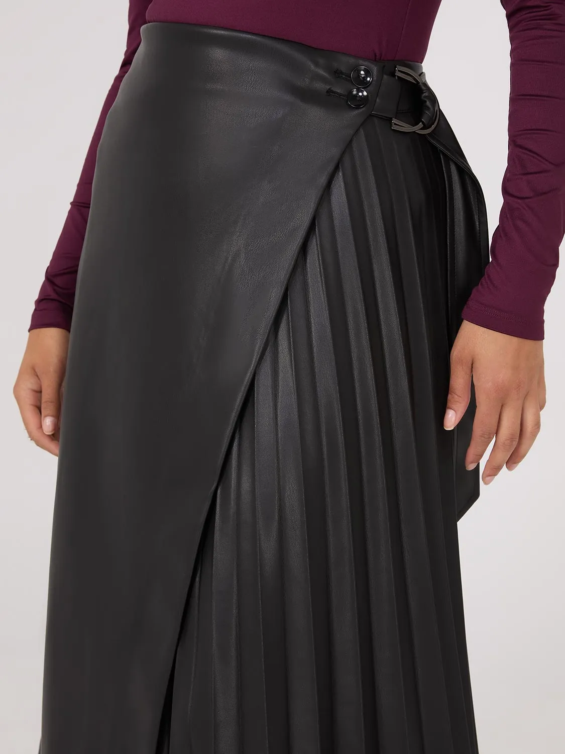 Faux Leather Wrap Midi Skirt