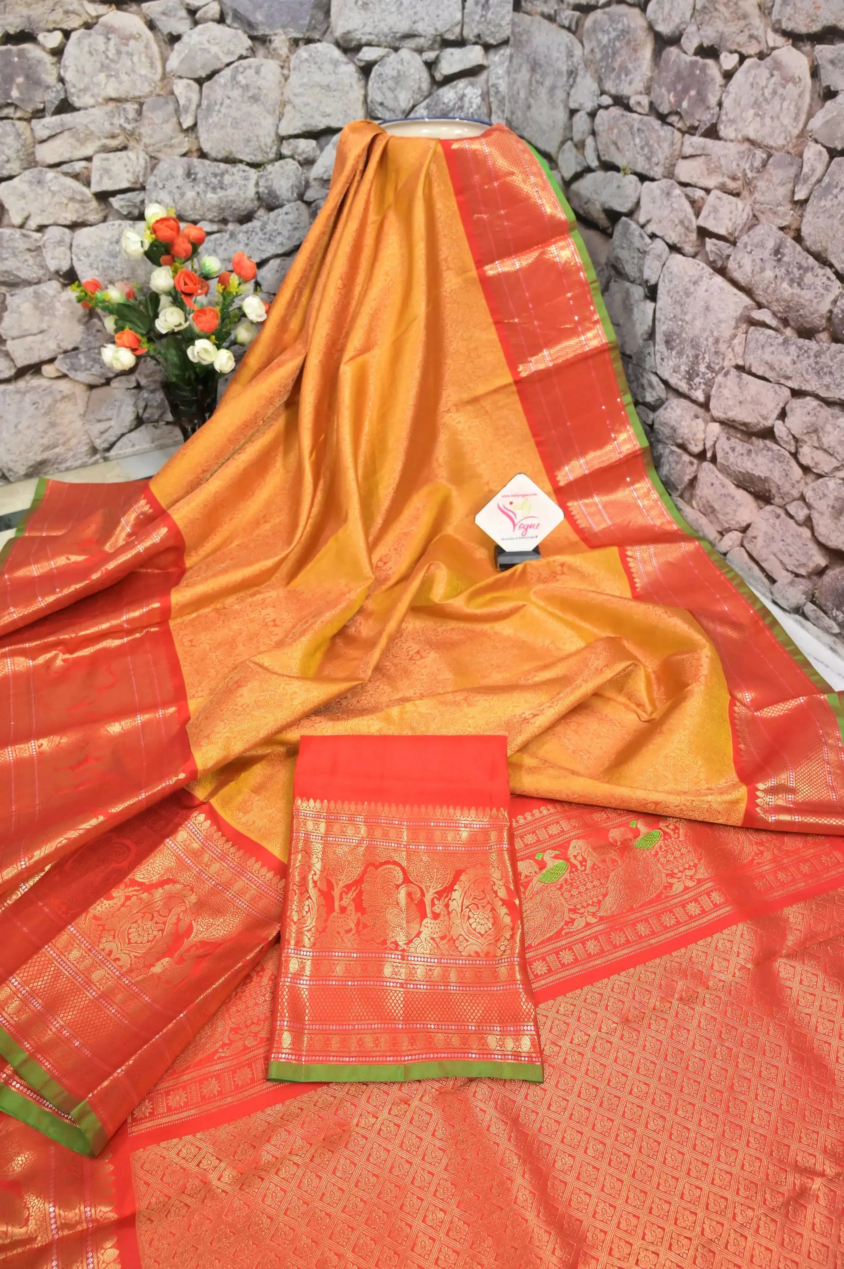 Fire Yellow and Red Color Pure Brocade Kanjeevaram Silk Saree