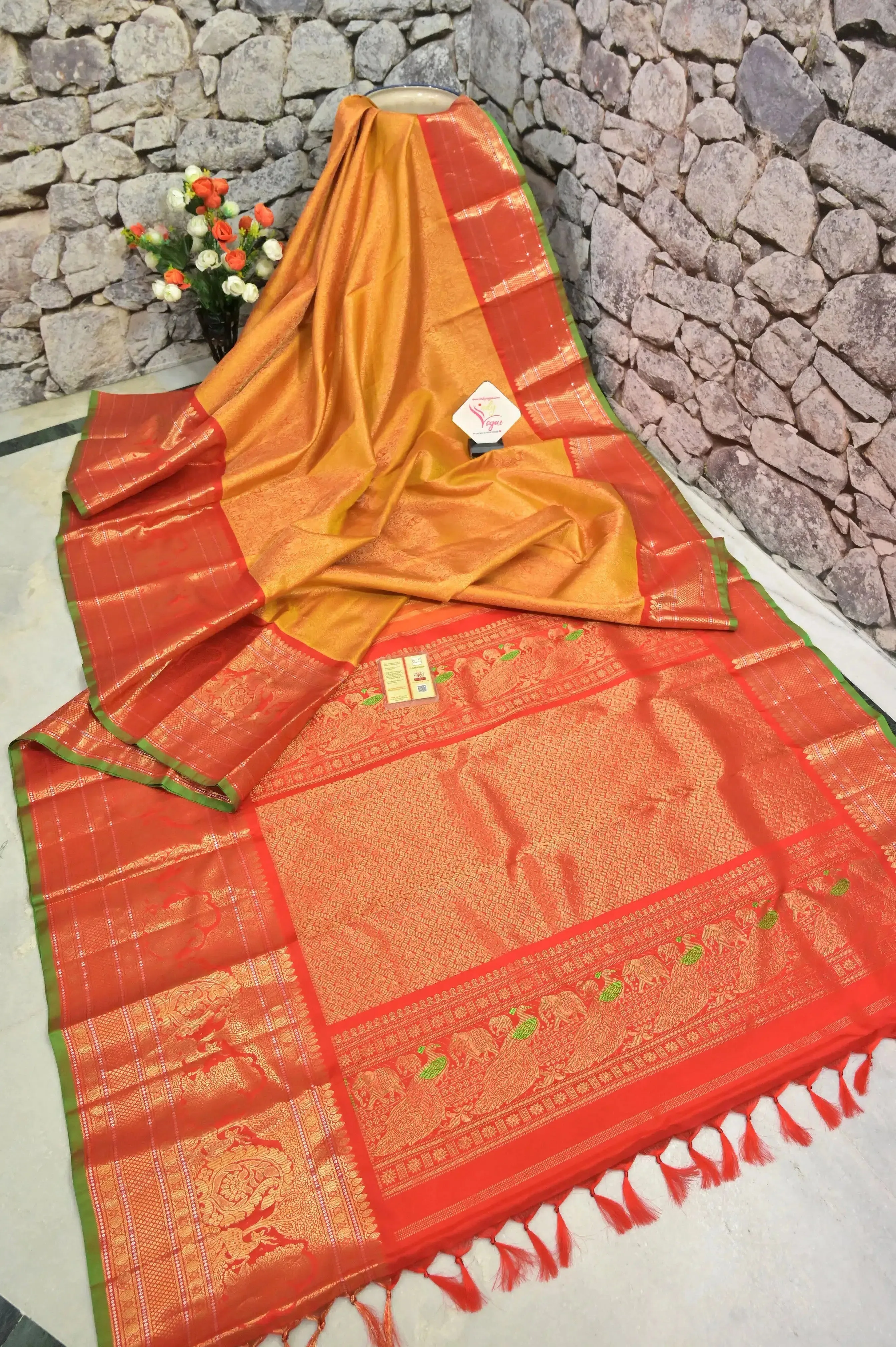 Fire Yellow and Red Color Pure Brocade Kanjeevaram Silk Saree