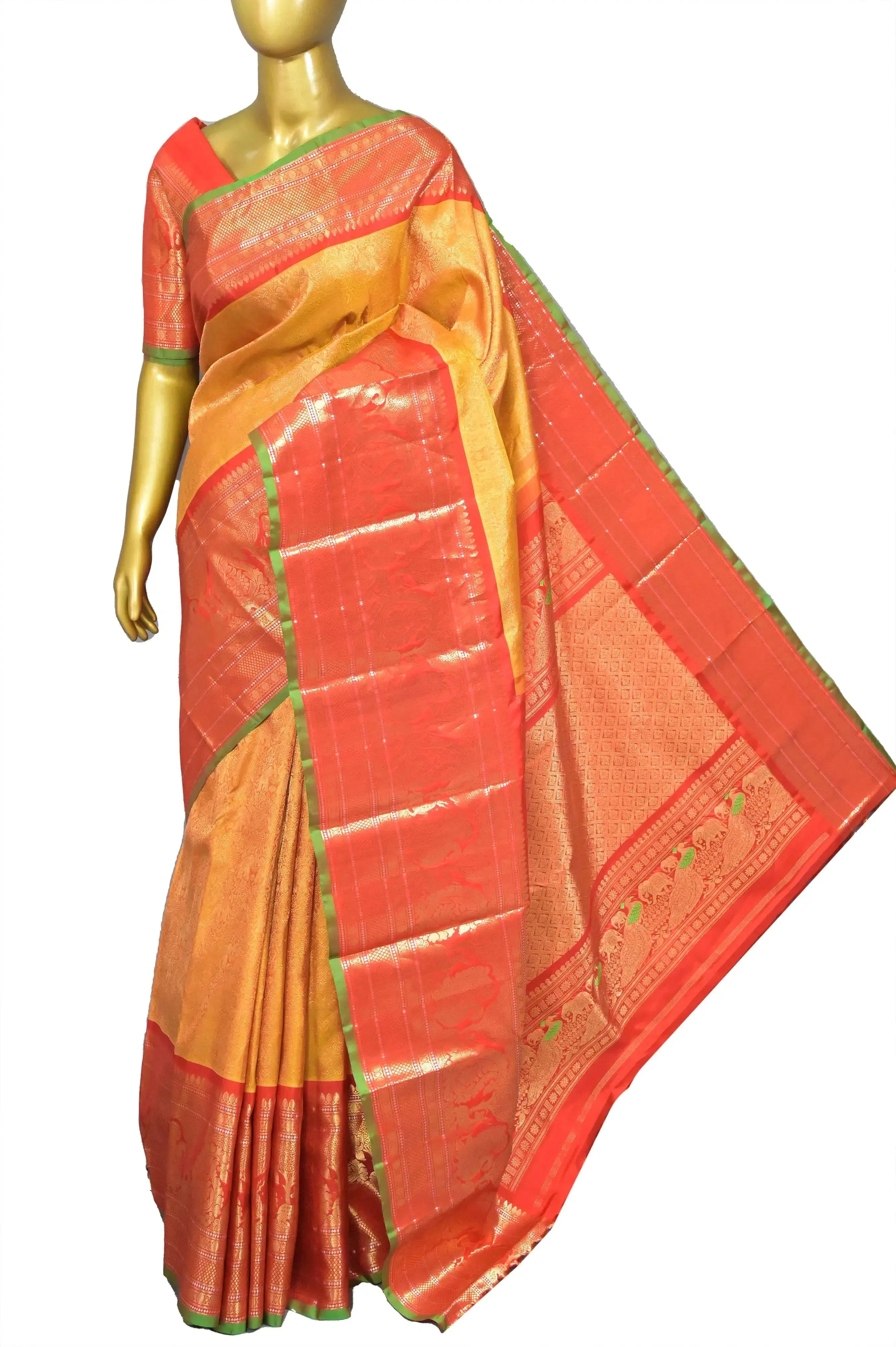 Fire Yellow and Red Color Pure Brocade Kanjeevaram Silk Saree