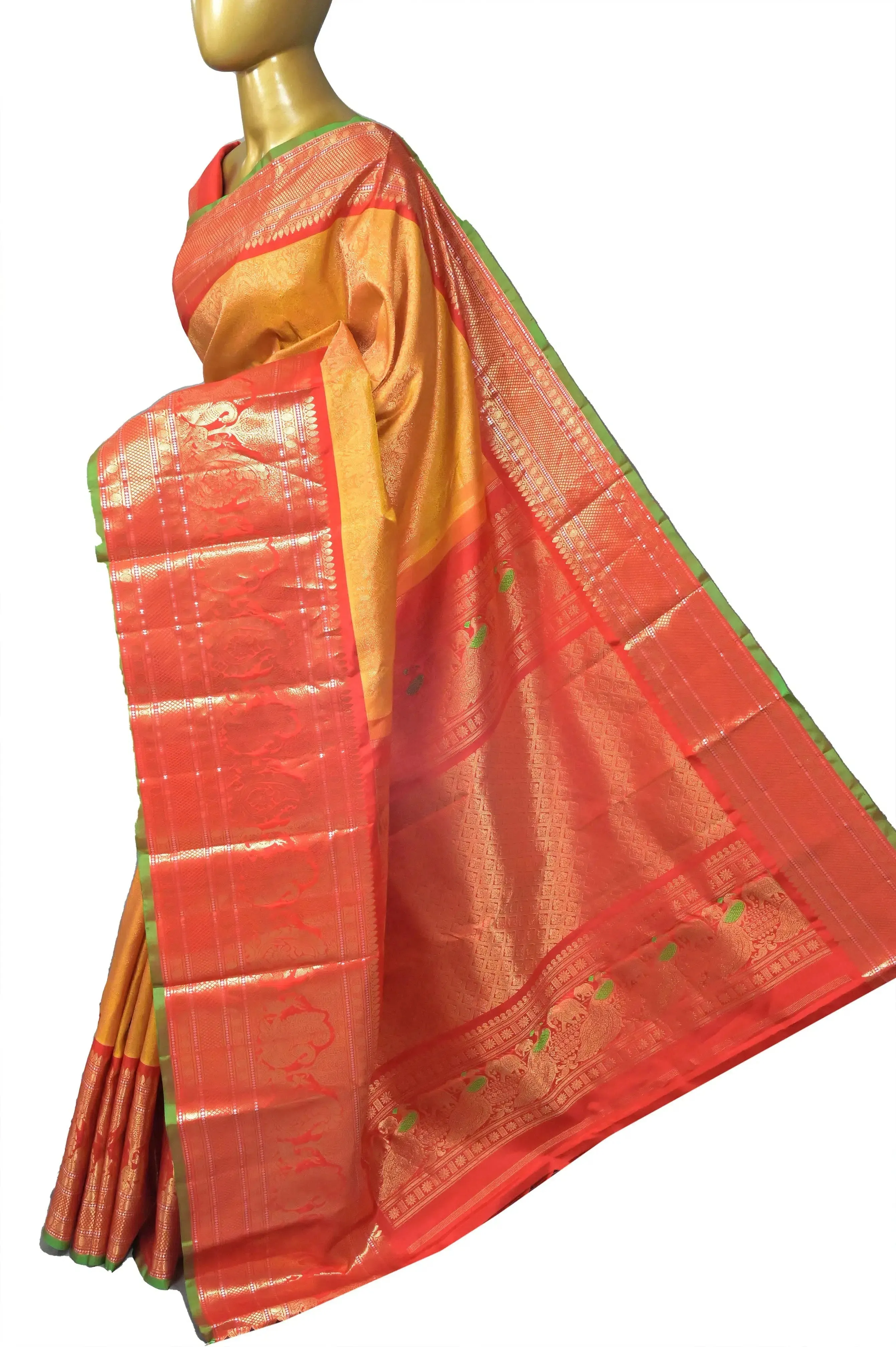 Fire Yellow and Red Color Pure Brocade Kanjeevaram Silk Saree