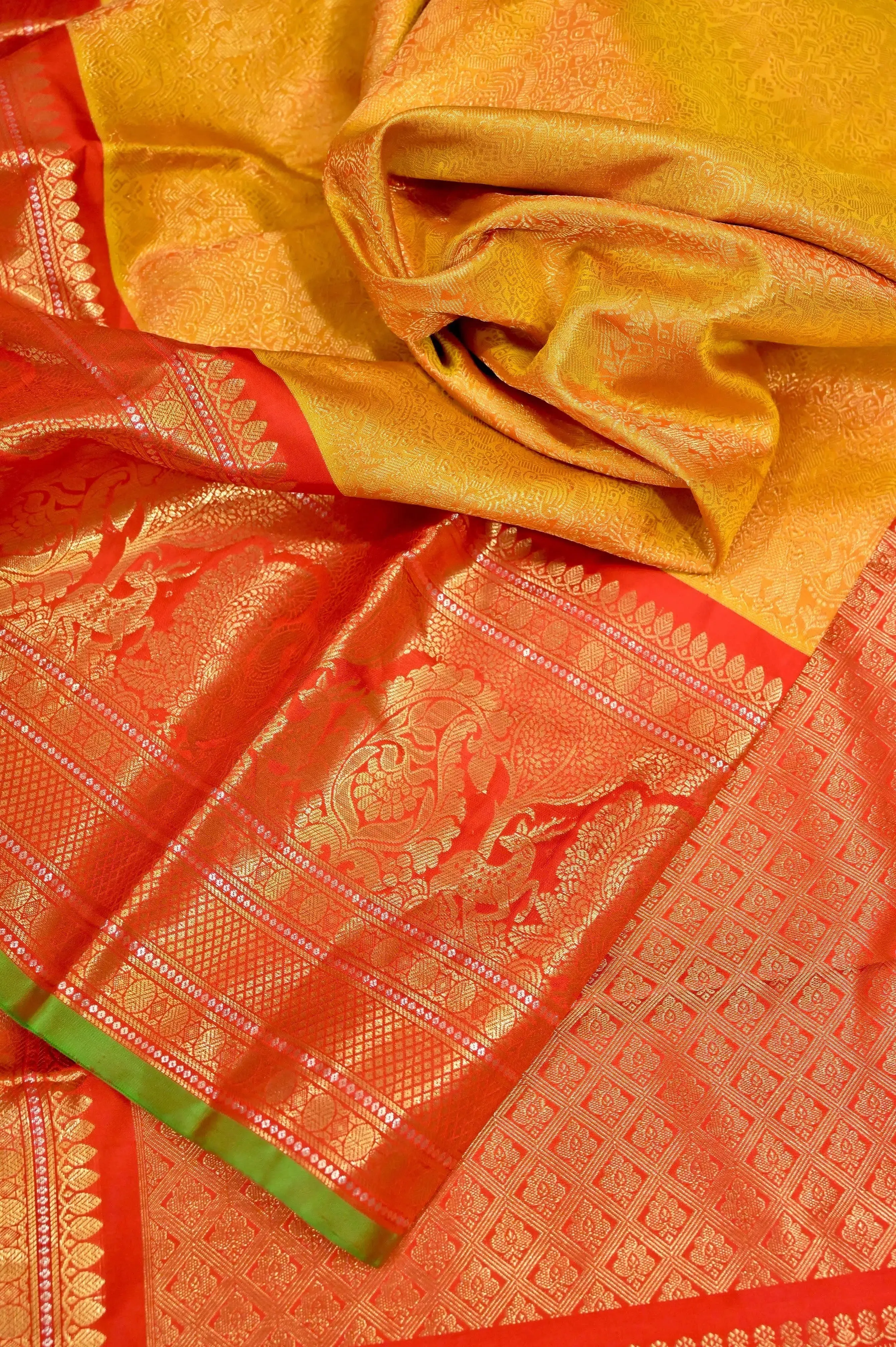 Fire Yellow and Red Color Pure Brocade Kanjeevaram Silk Saree