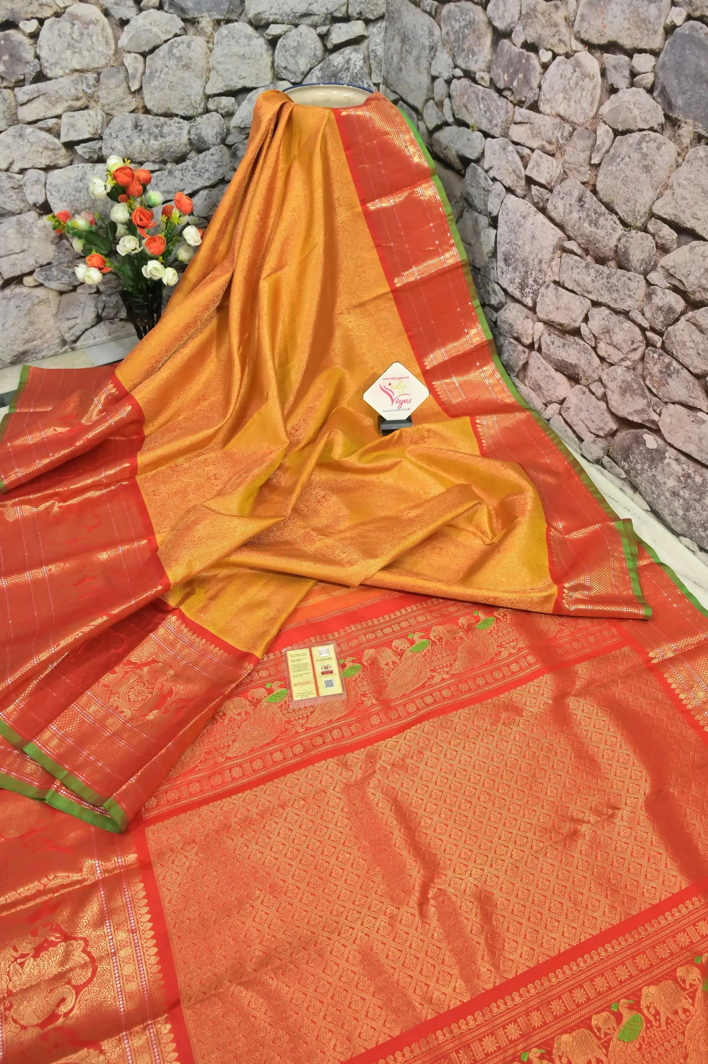 Fire Yellow and Red Color Pure Brocade Kanjeevaram Silk Saree