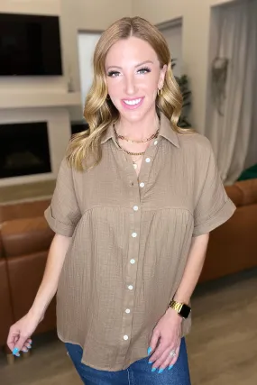 Gauze Button Down Babydoll Blouse in Mocha (Ships in 1-2 Weeks)