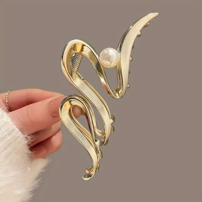 Get a Classy and Stylish Look with our Wavy Faux Pearl Hair Claw Clip - Non-Slip Strong Hold Grip for Thick Hair Accessories in Silvery Color