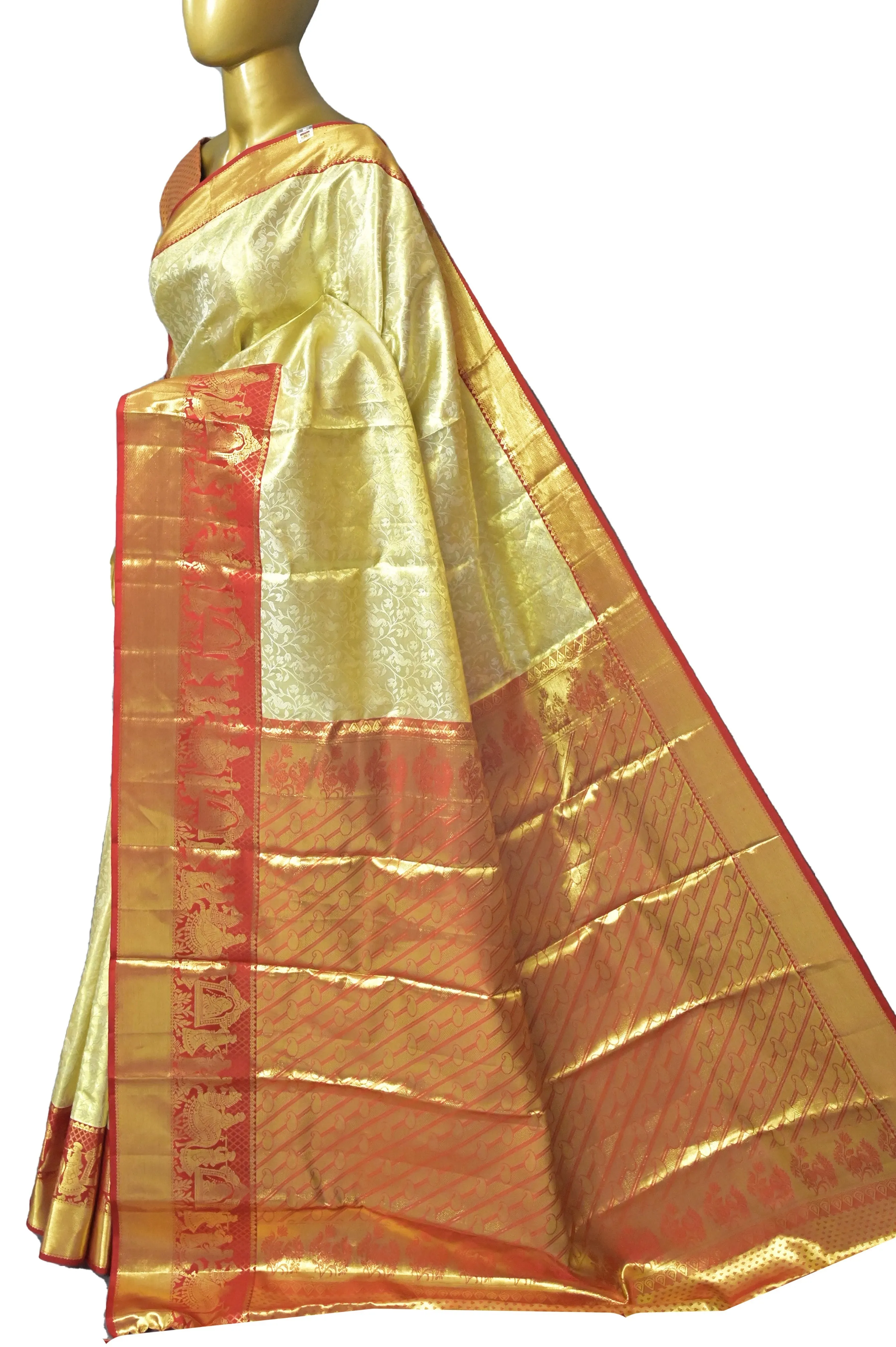 Golden and Red Color Tissue Brocade Kanjeevaram Silk Saree with Self-Weaving