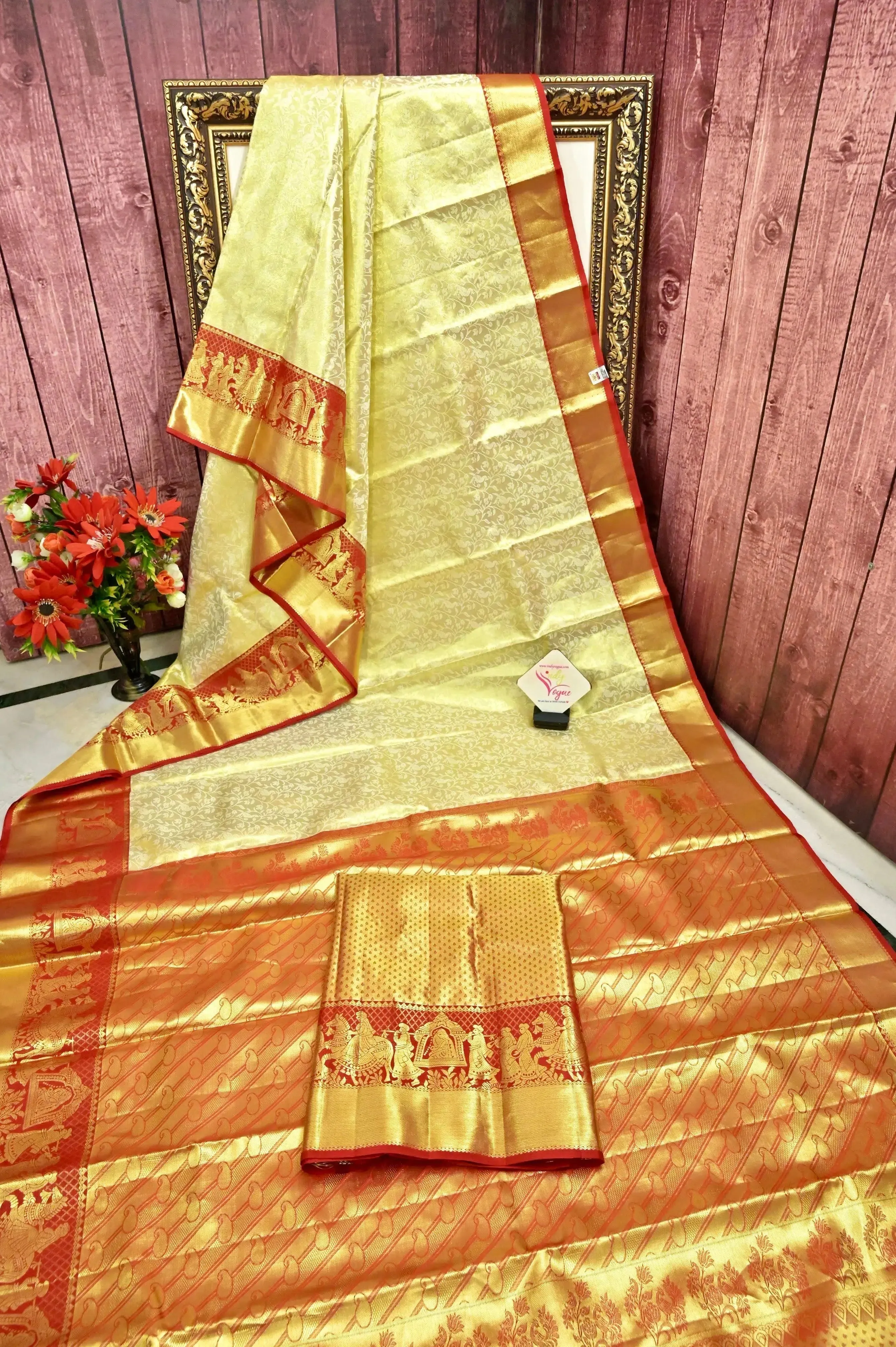 Golden and Red Color Tissue Brocade Kanjeevaram Silk Saree with Self-Weaving