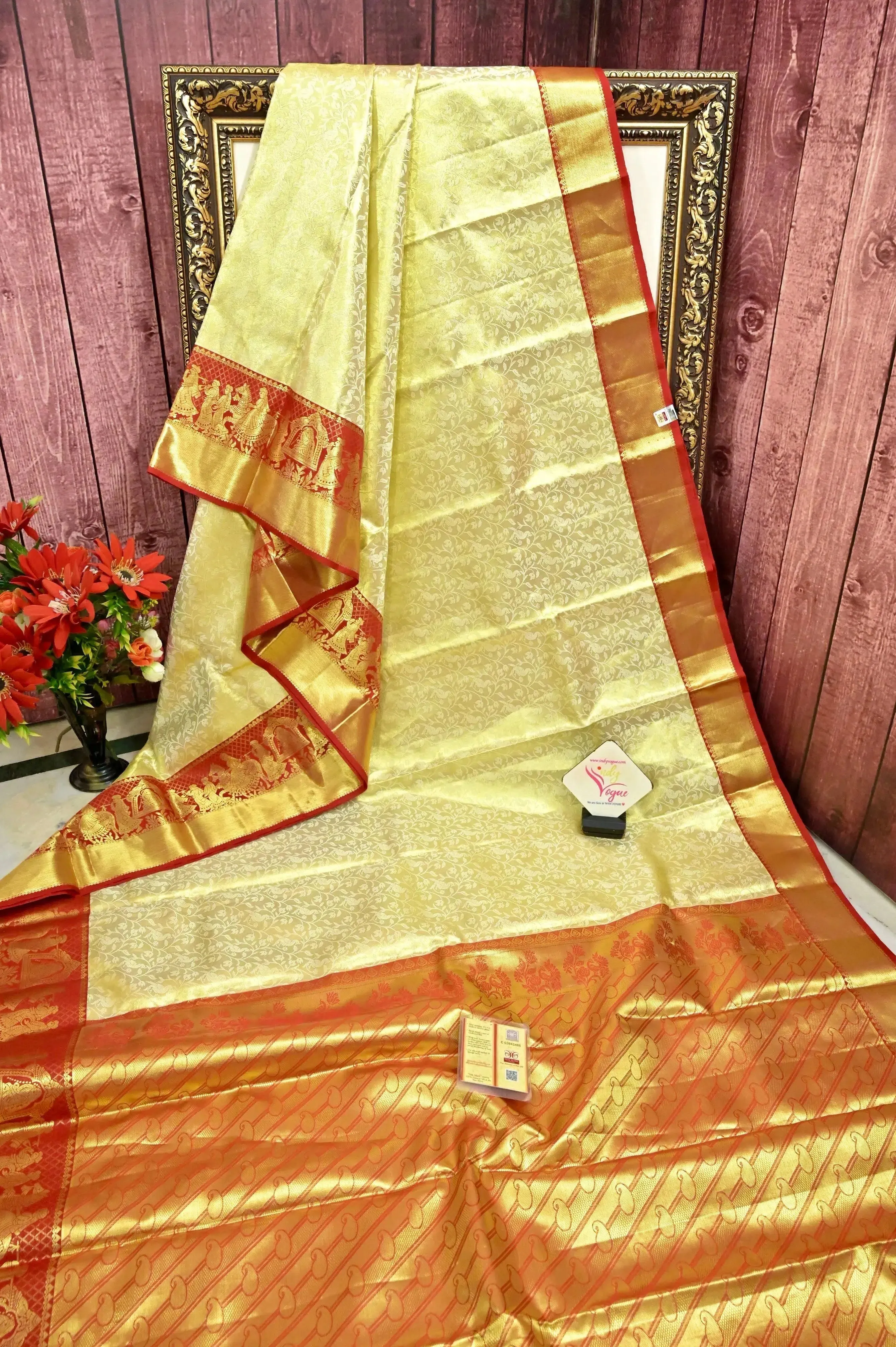 Golden and Red Color Tissue Brocade Kanjeevaram Silk Saree with Self-Weaving