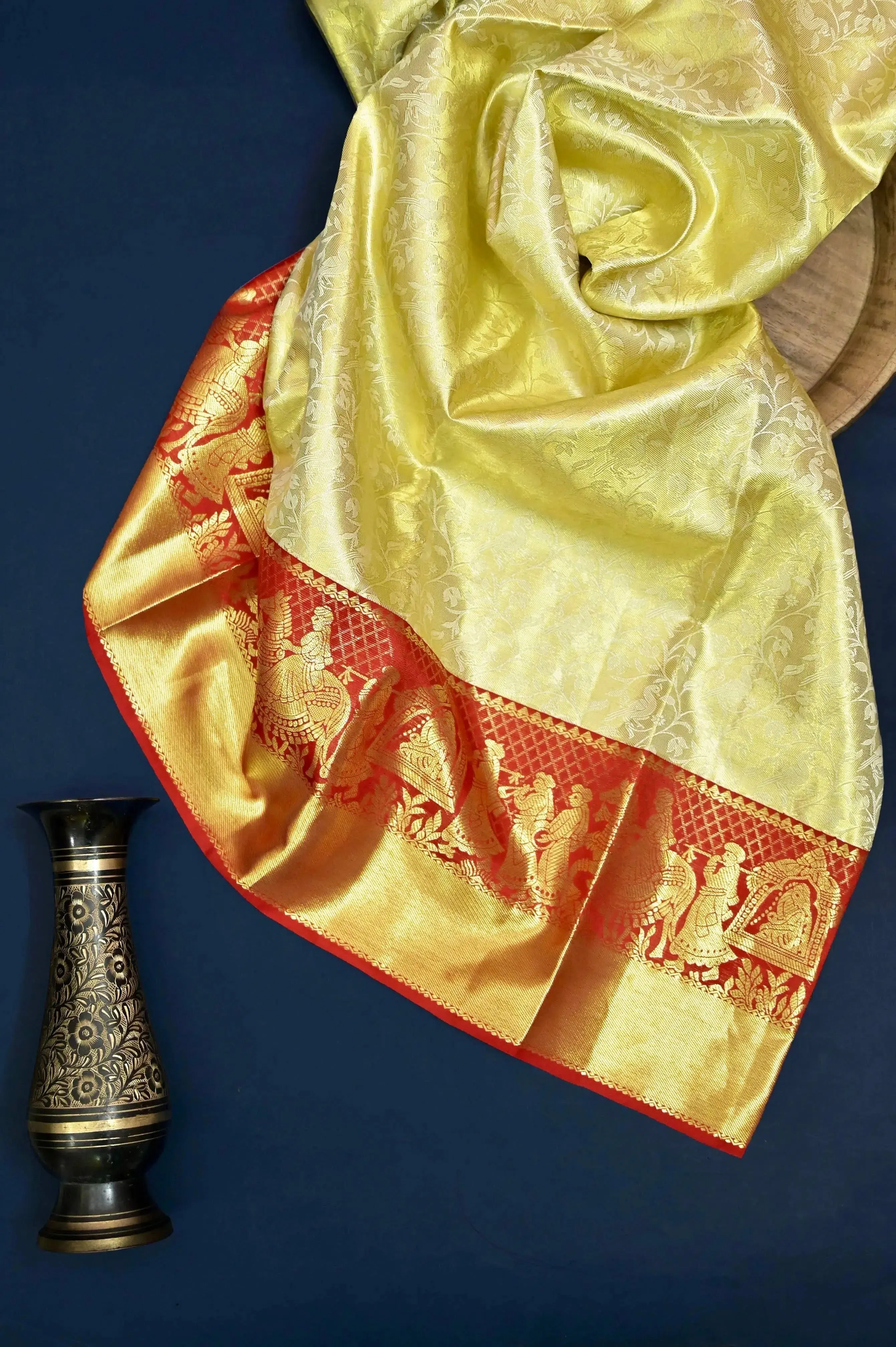 Golden and Red Color Tissue Brocade Kanjeevaram Silk Saree with Self-Weaving