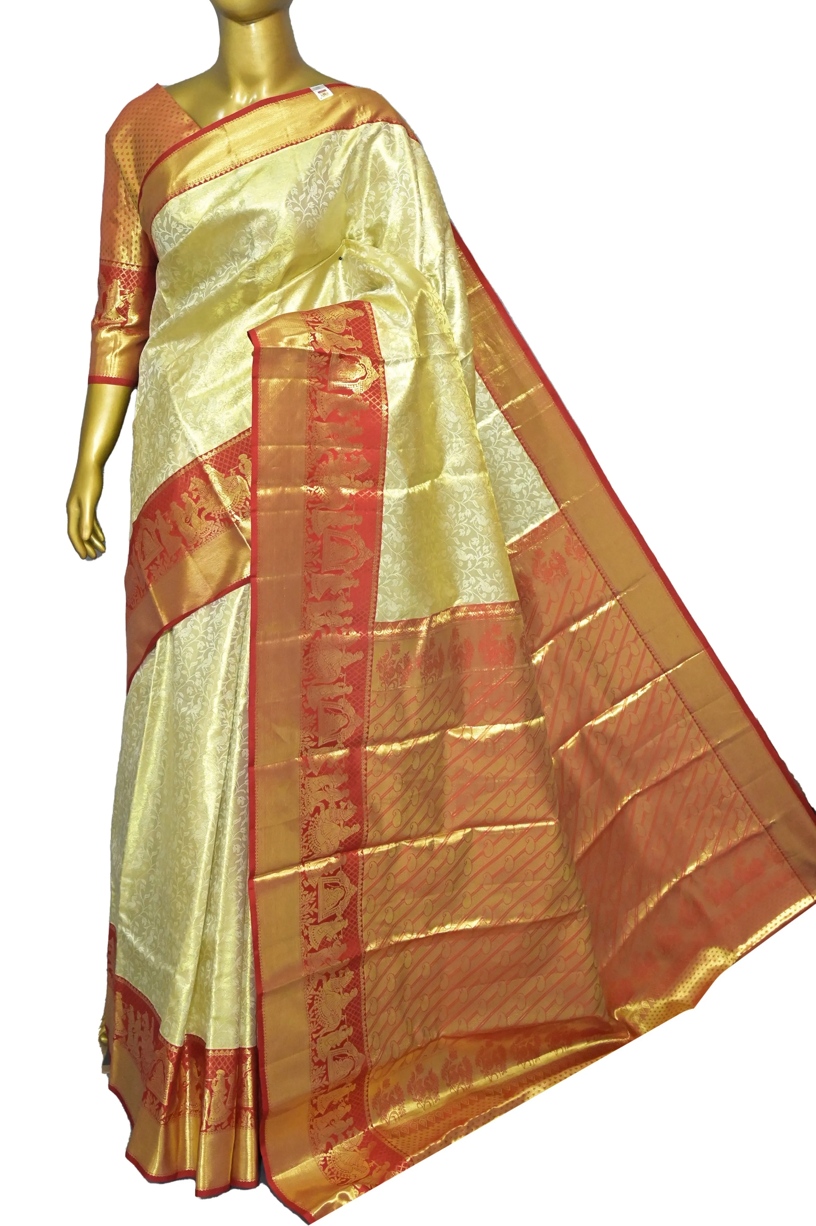 Golden and Red Color Tissue Brocade Kanjeevaram Silk Saree with Self-Weaving