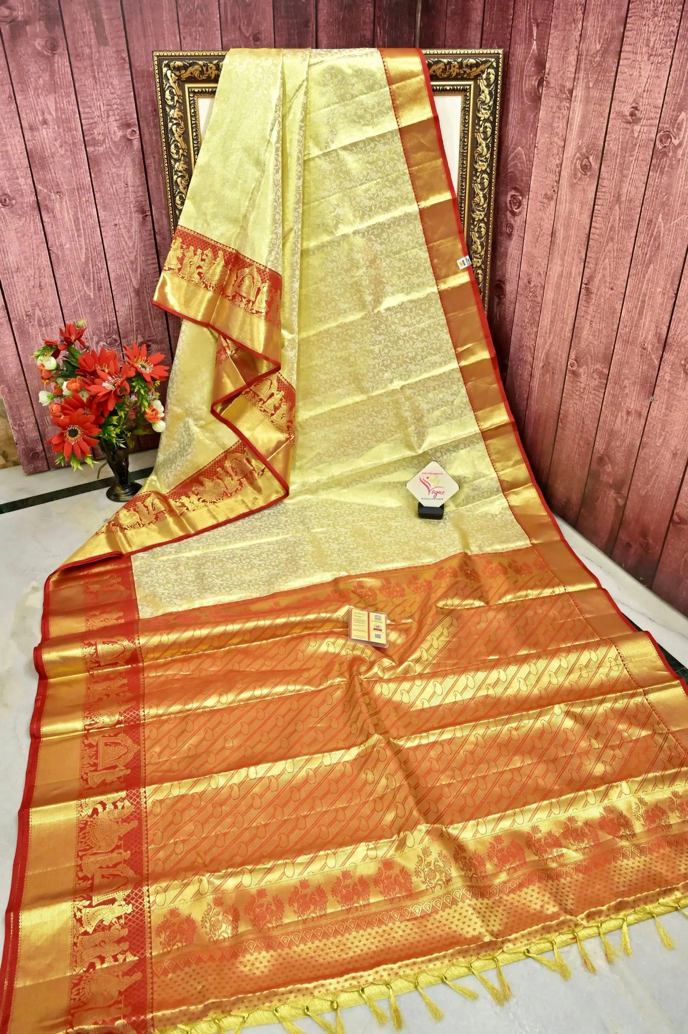 Golden and Red Color Tissue Brocade Kanjeevaram Silk Saree with Self-Weaving