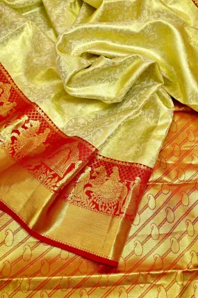 Golden and Red Color Tissue Brocade Kanjeevaram Silk Saree with Self-Weaving