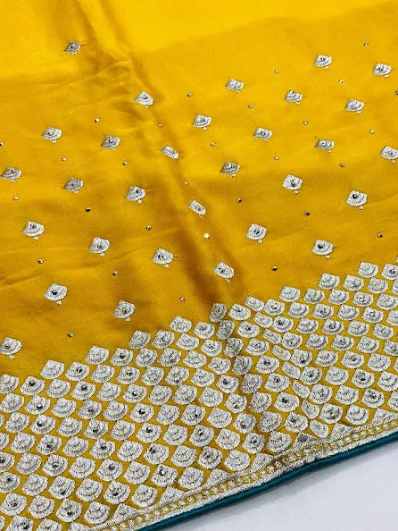 Gorgeous Yellow Color Designer Saree With Silver Embroidery Work