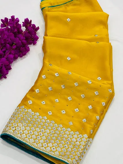 Gorgeous Yellow Color Designer Saree With Silver Embroidery Work