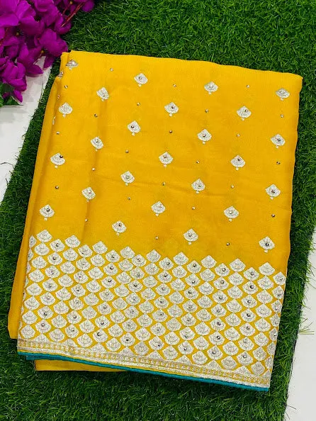 Gorgeous Yellow Color Designer Saree With Silver Embroidery Work