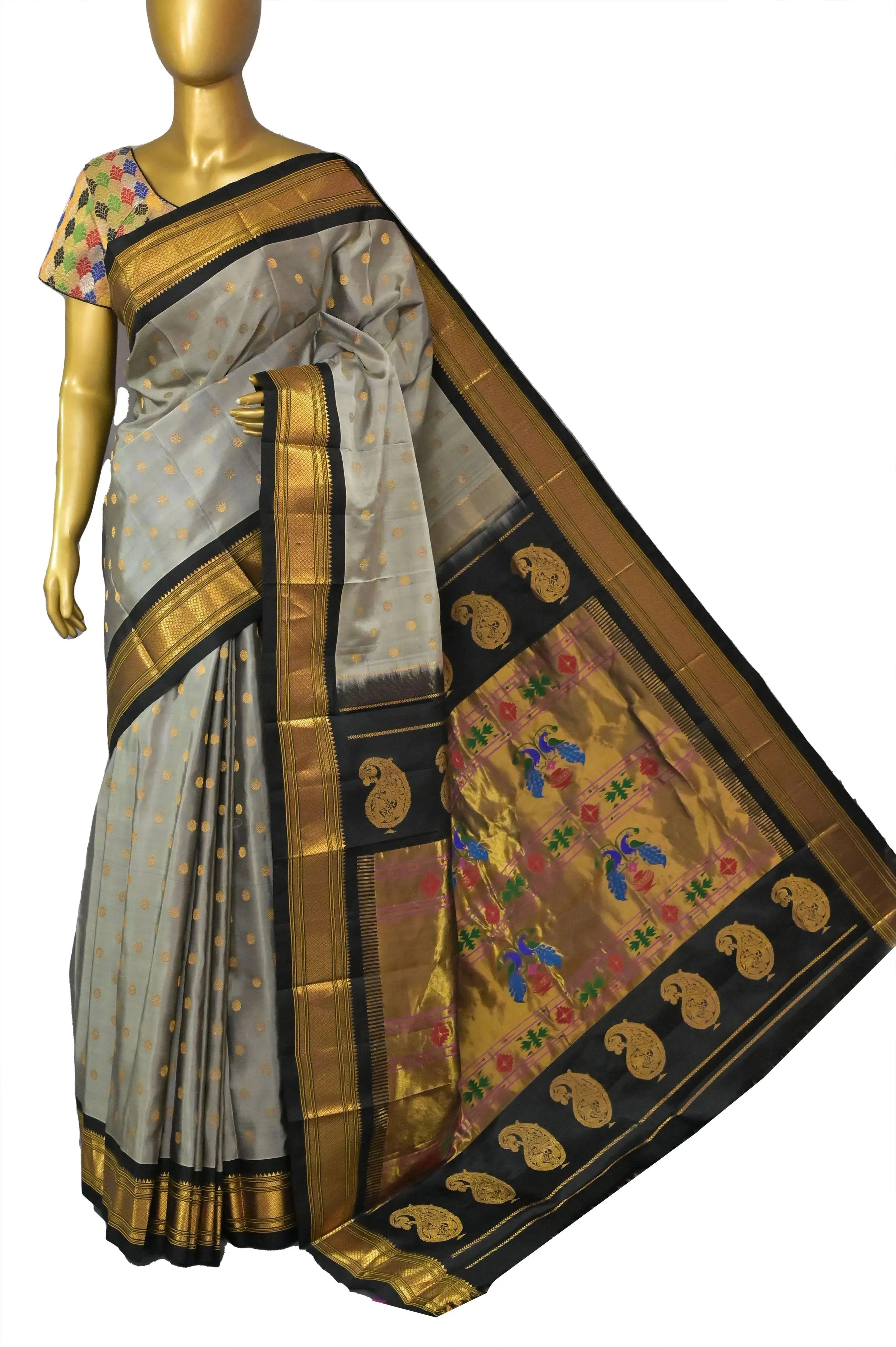 Grey and Black Color Pure Paithani Silk Saree