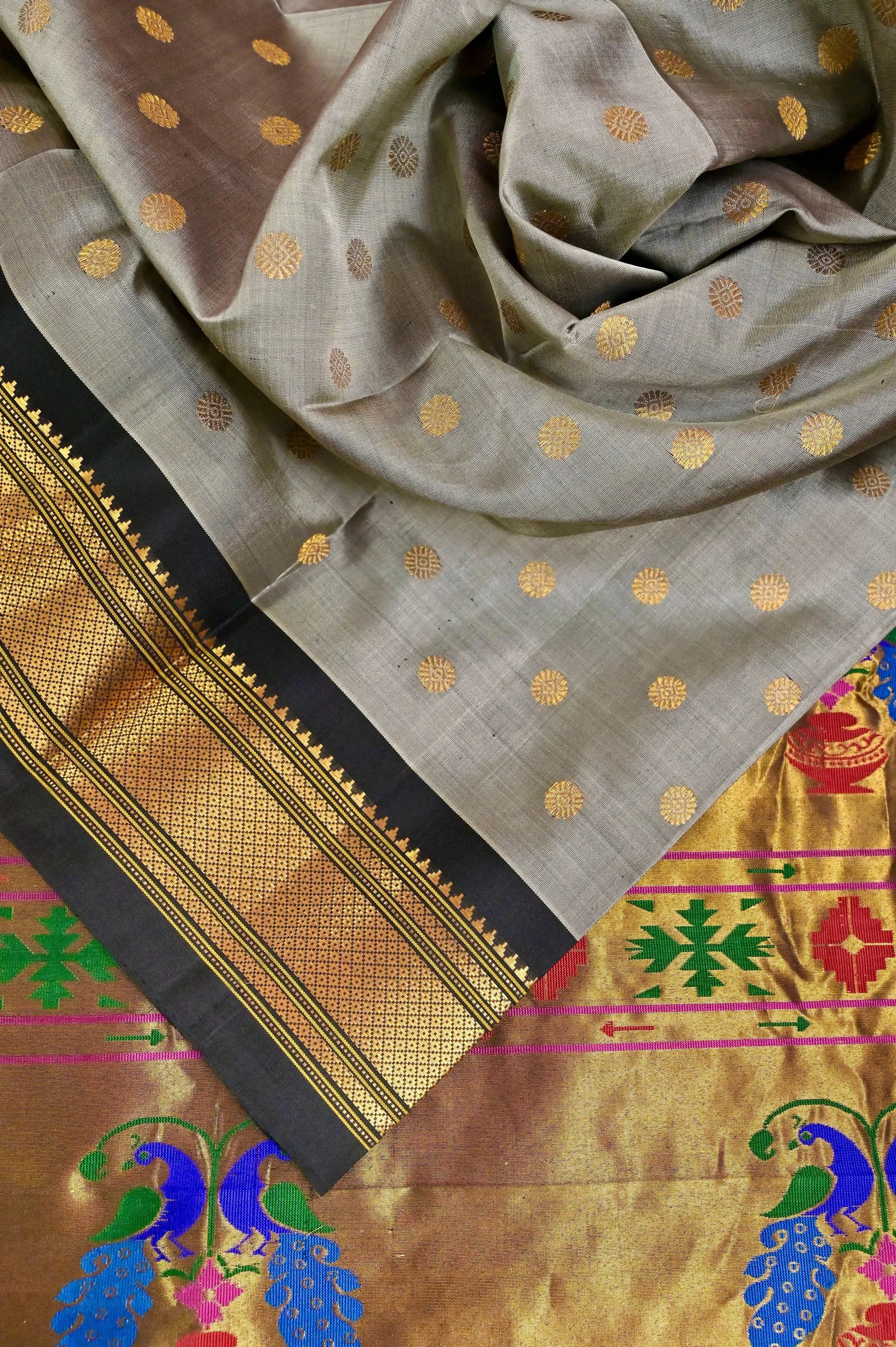 Grey and Black Color Pure Paithani Silk Saree