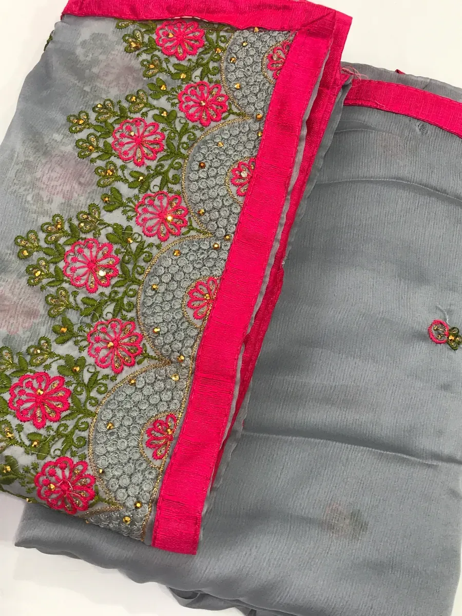 Grey Color Embroidery Georgette Saree With Contrast Pink Lace Border