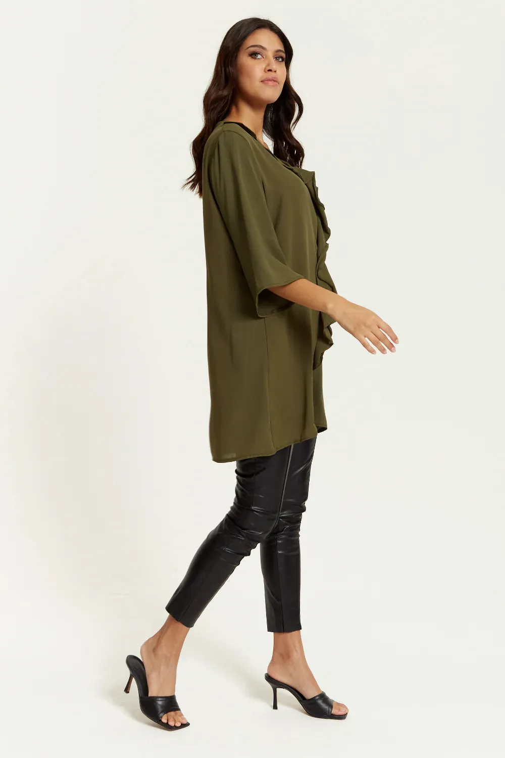 Hoxton Gal Relaxed Fit 3/4 Sleeve Frilled Front Detail Tunic