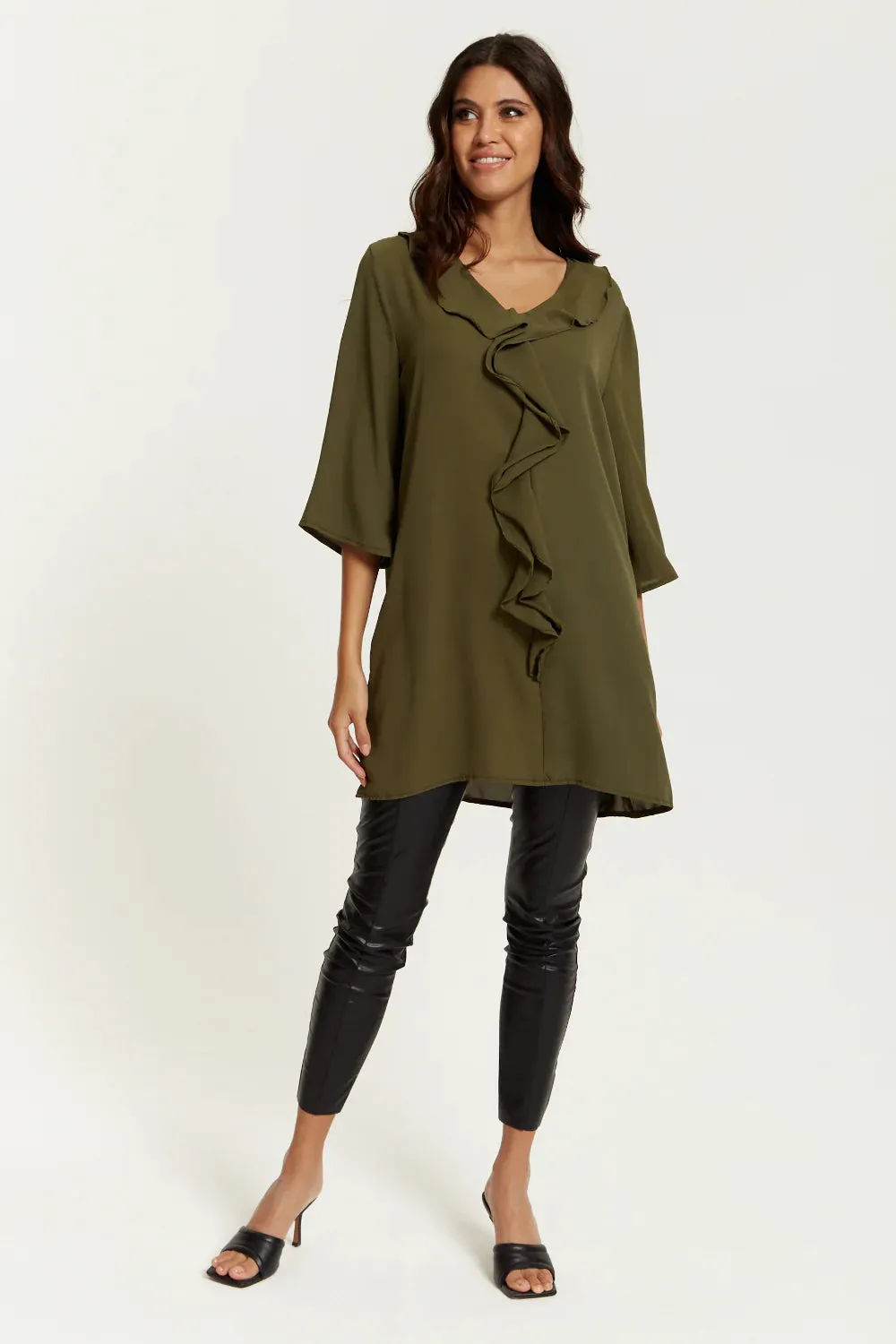 Hoxton Gal Relaxed Fit 3/4 Sleeve Frilled Front Detail Tunic