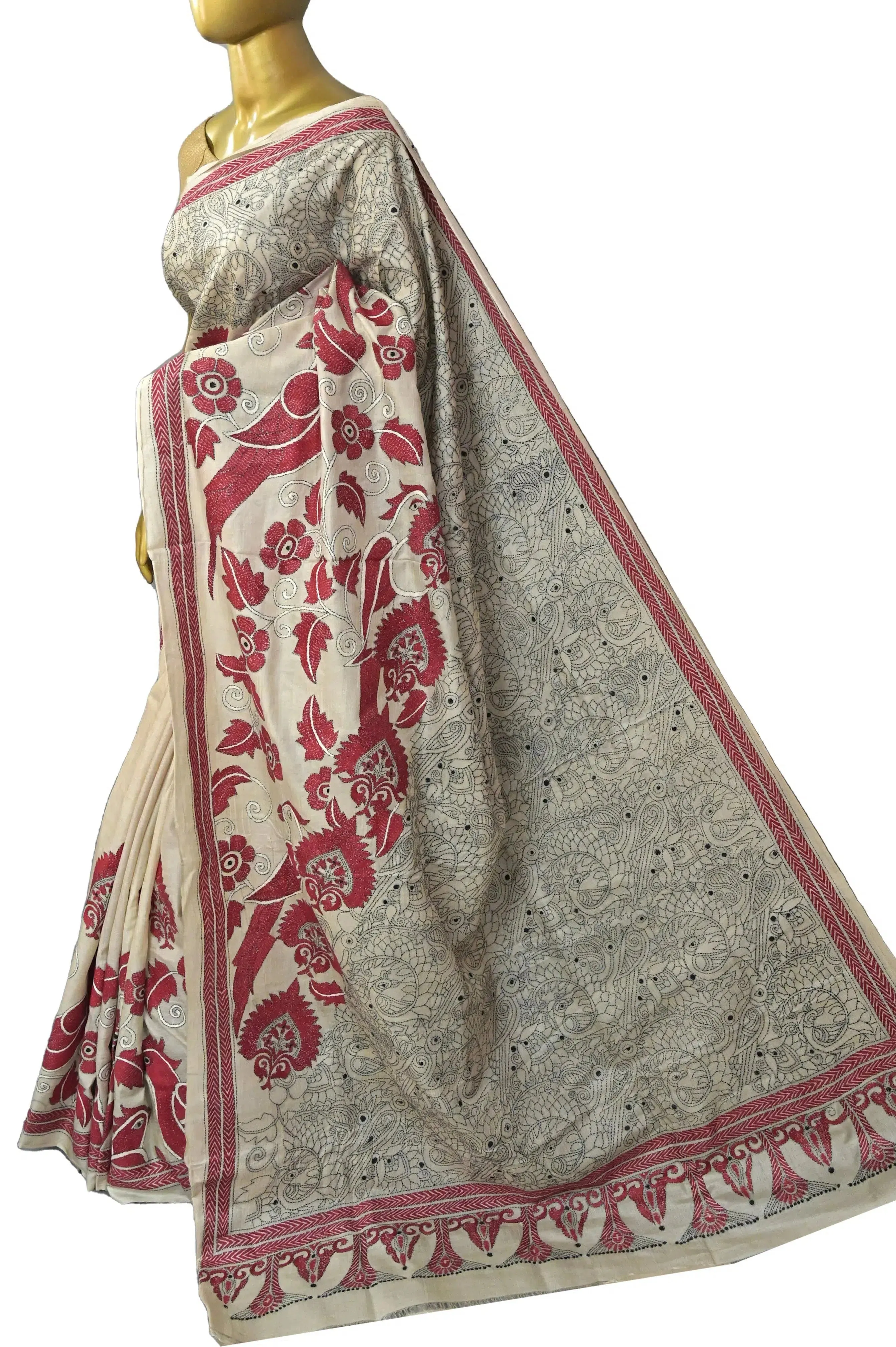 Ivory Color Gachi Tussar Silk Saree with Hand Kantha Stitch Work