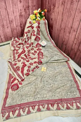 Ivory Color Gachi Tussar Silk Saree with Hand Kantha Stitch Work