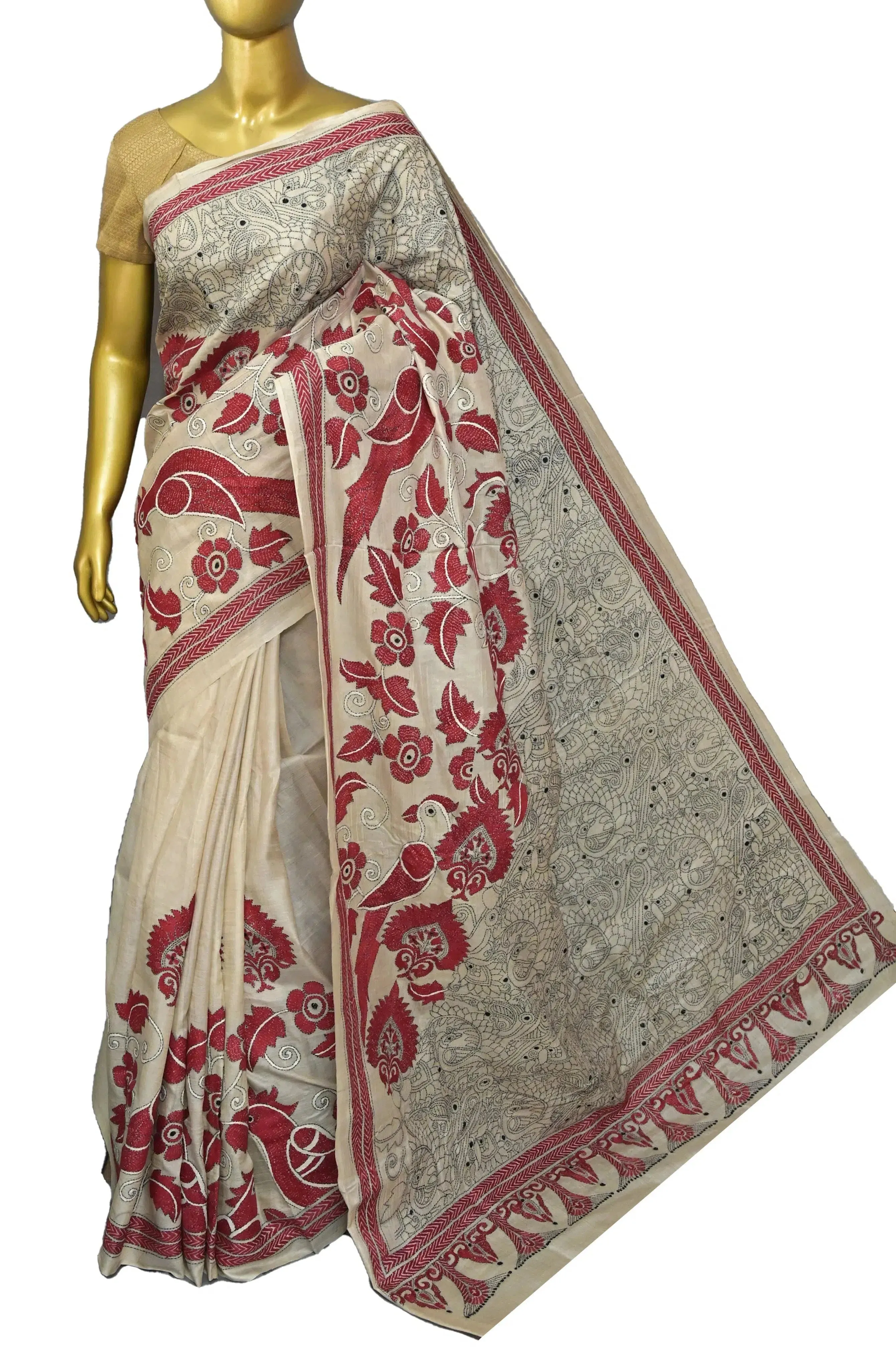 Ivory Color Gachi Tussar Silk Saree with Hand Kantha Stitch Work