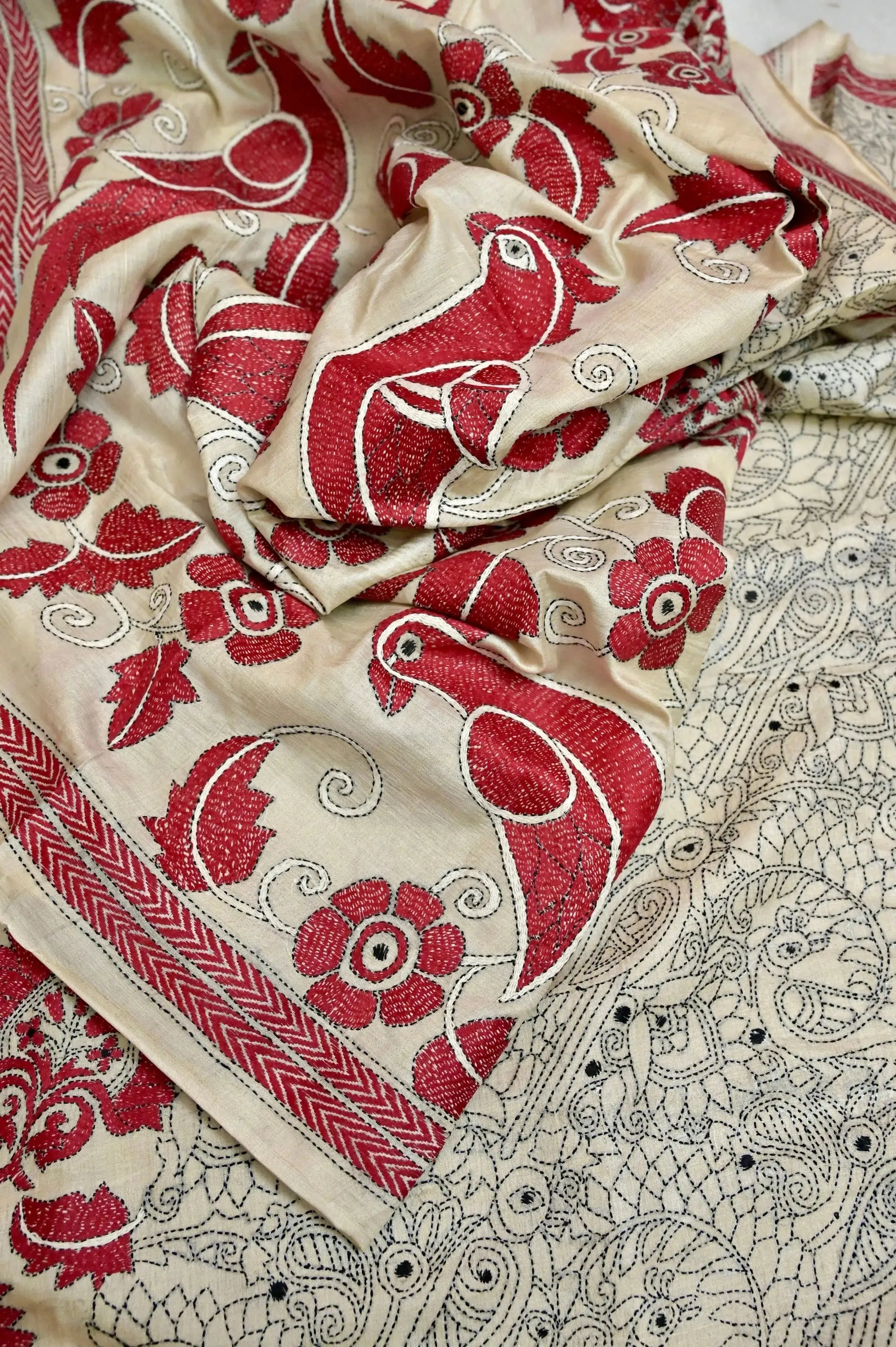 Ivory Color Gachi Tussar Silk Saree with Hand Kantha Stitch Work