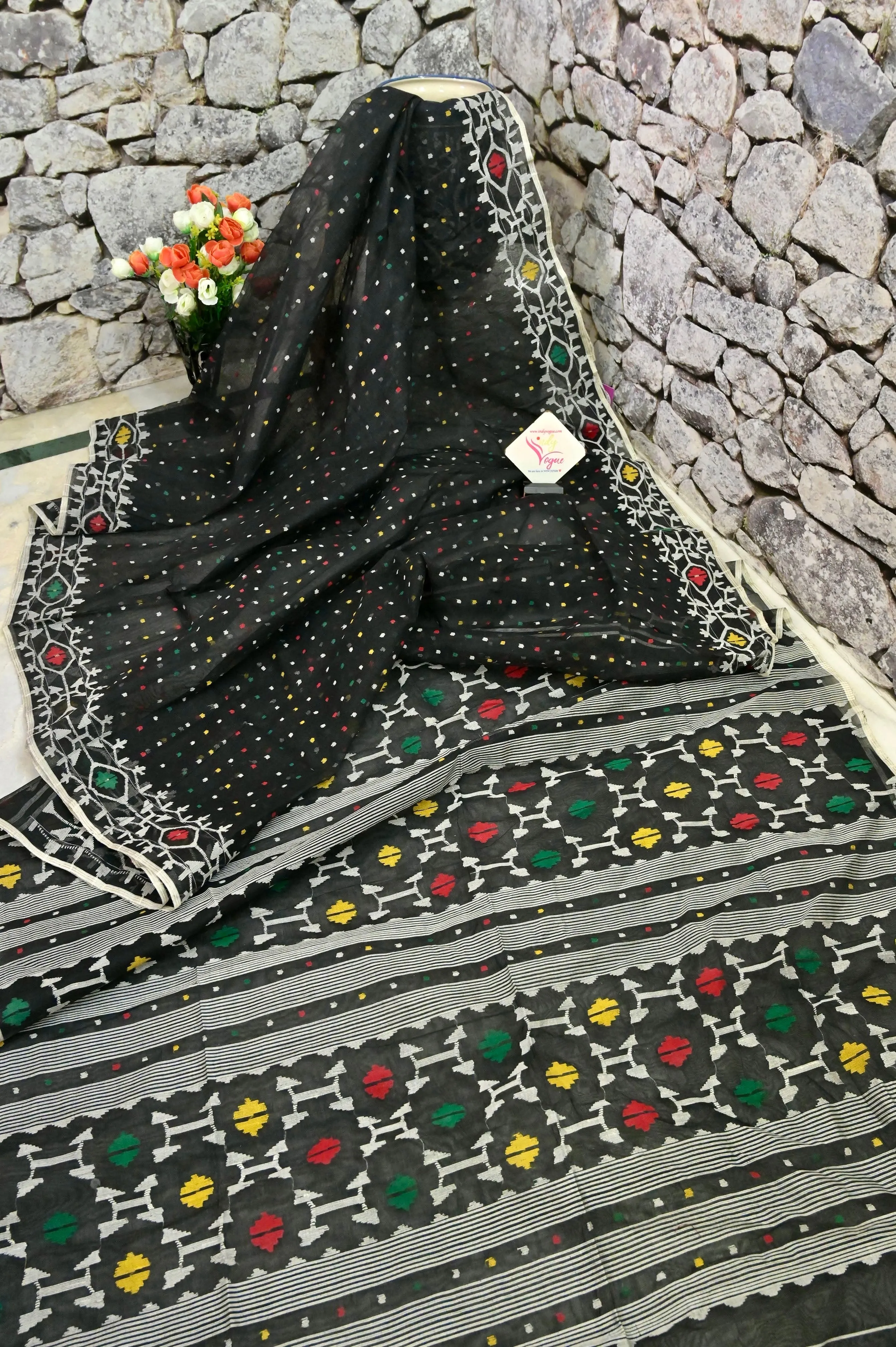 Jet Black Color Pure Bangladeshi Jamdani Saree