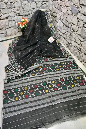 Jet Black Color Pure Bangladeshi Jamdani Saree