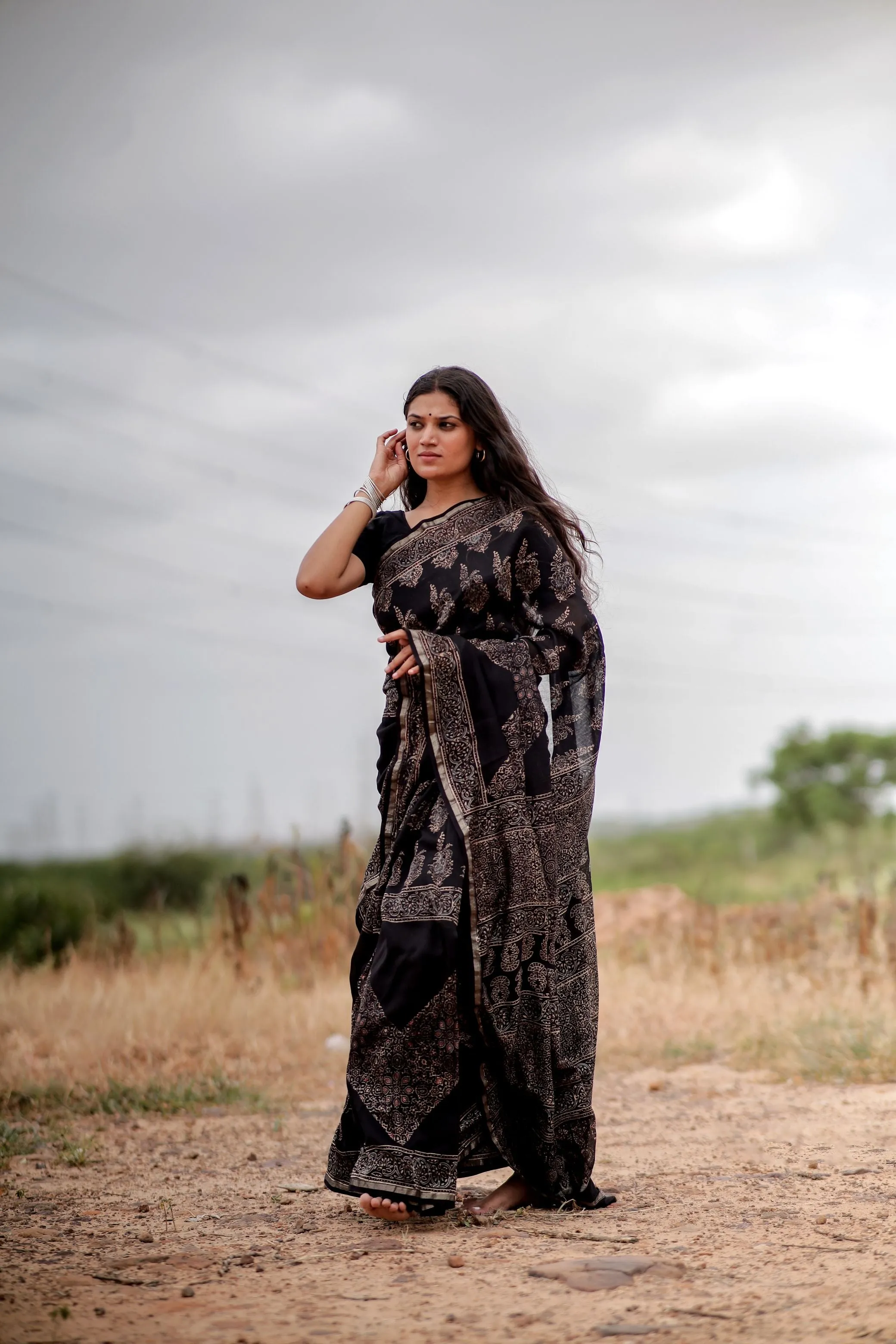 Jharokha -Black Mughal boota floral silk cotton Ajrakh handblockprinted saree