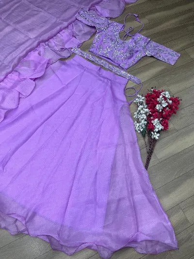 Lavender Organza Embroidered Sequence Readymade Lehenga Choli Set