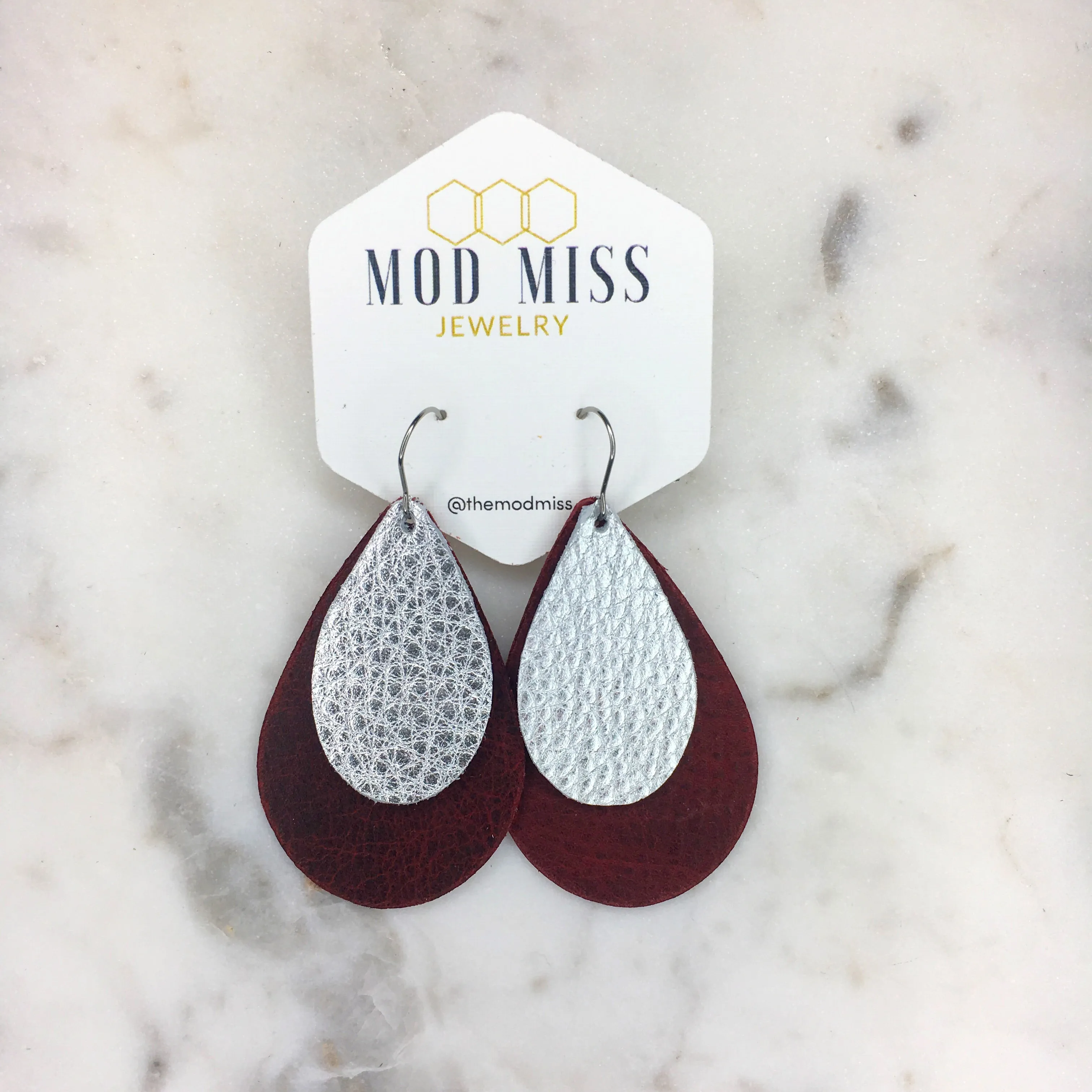 Leather Stacked Teardrop Earring Merlot   Metallic Silver