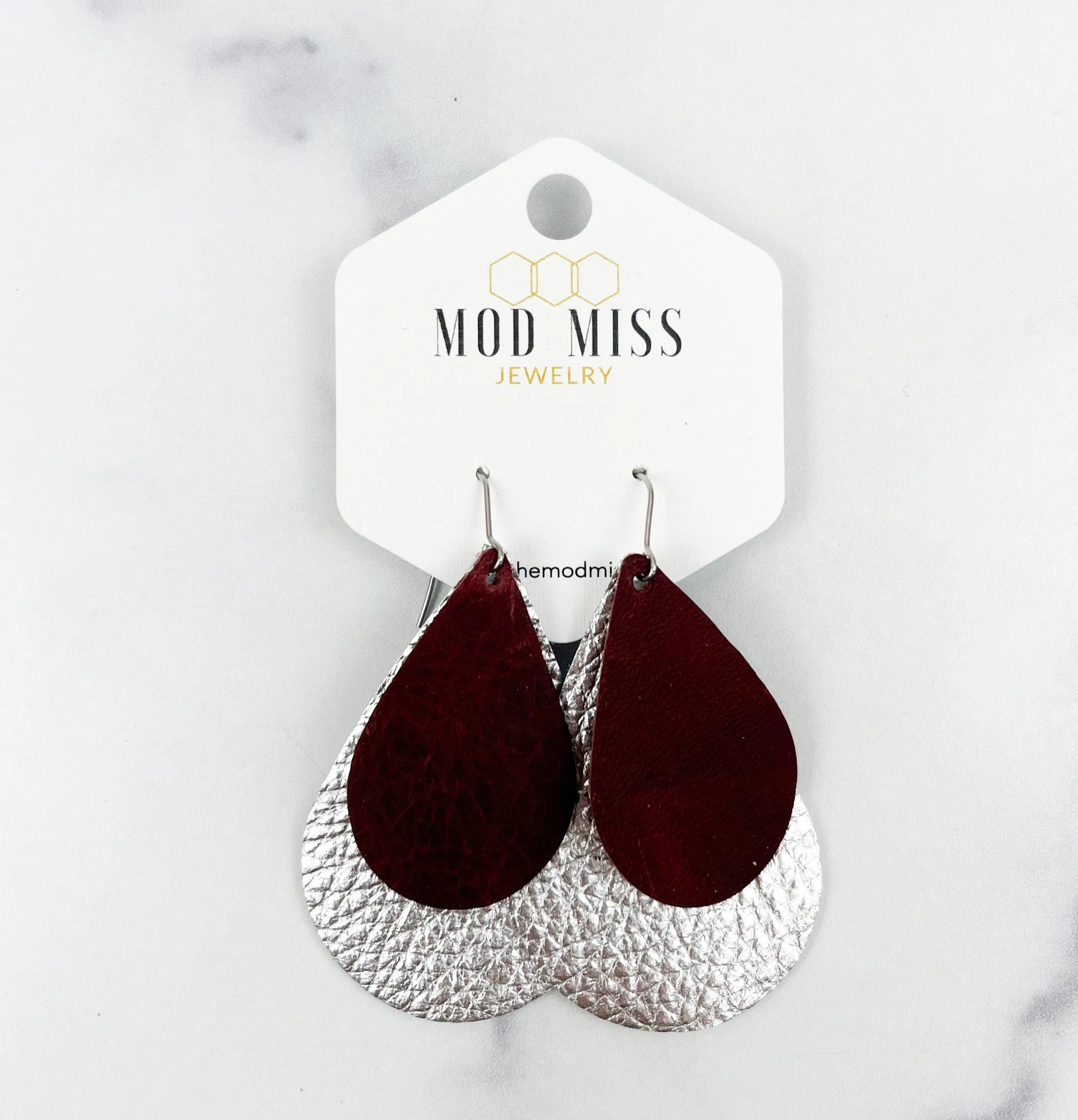 Leather Stacked Teardrop Earring Merlot   Metallic Silver