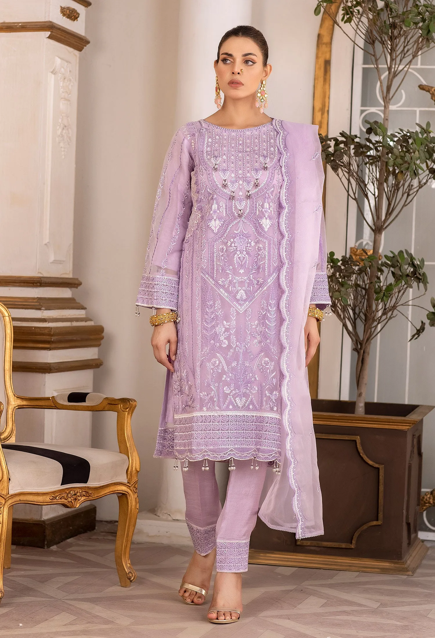 Lilac Embroidered Organza 3-Piece Suit