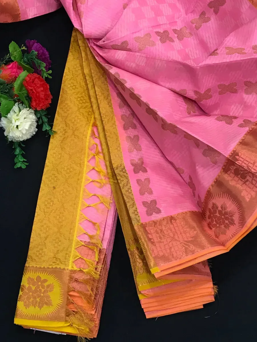 Magnificent Pink Color Copper Zari Embossed Flower Motifs Art Silk Saree With Contrast Blouse