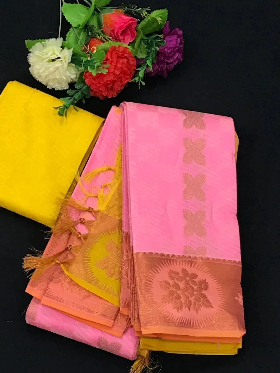 Magnificent Pink Color Copper Zari Embossed Flower Motifs Art Silk Saree With Contrast Blouse