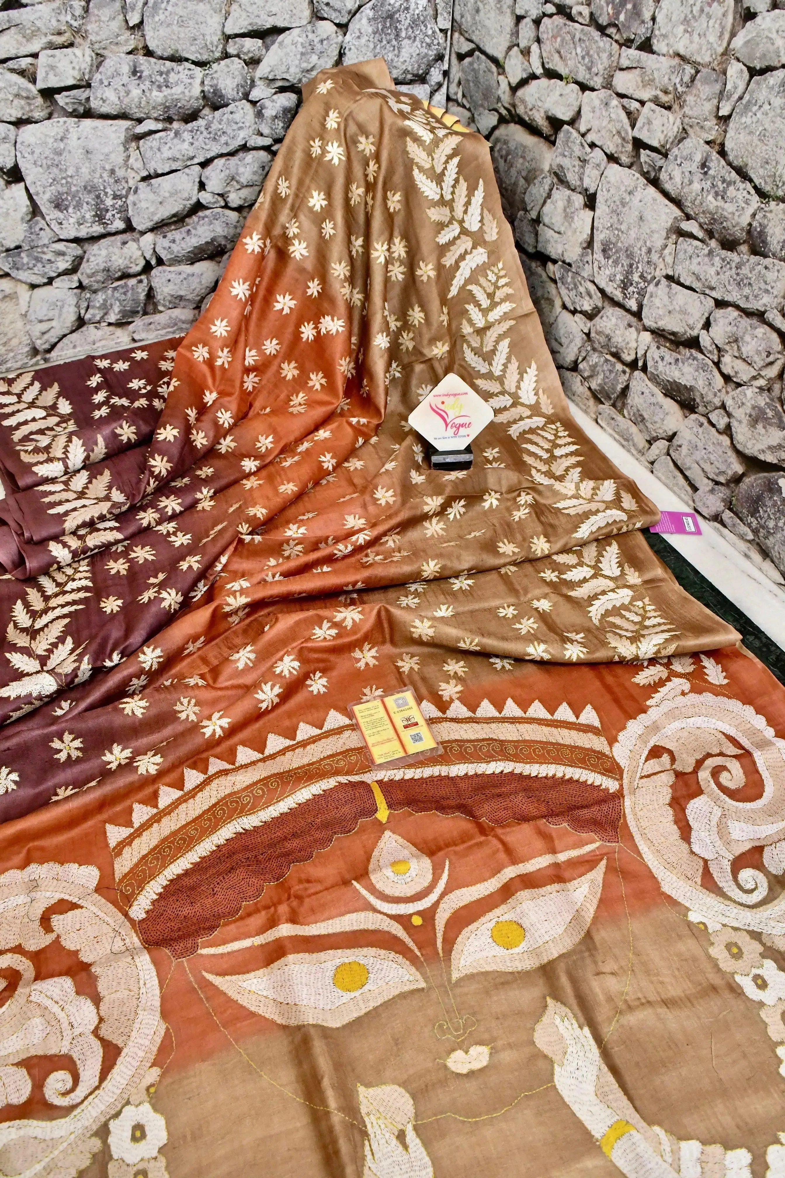 Multicolor Brown and Rust Color Pure Gachi Tussar with Kantha Embroidery