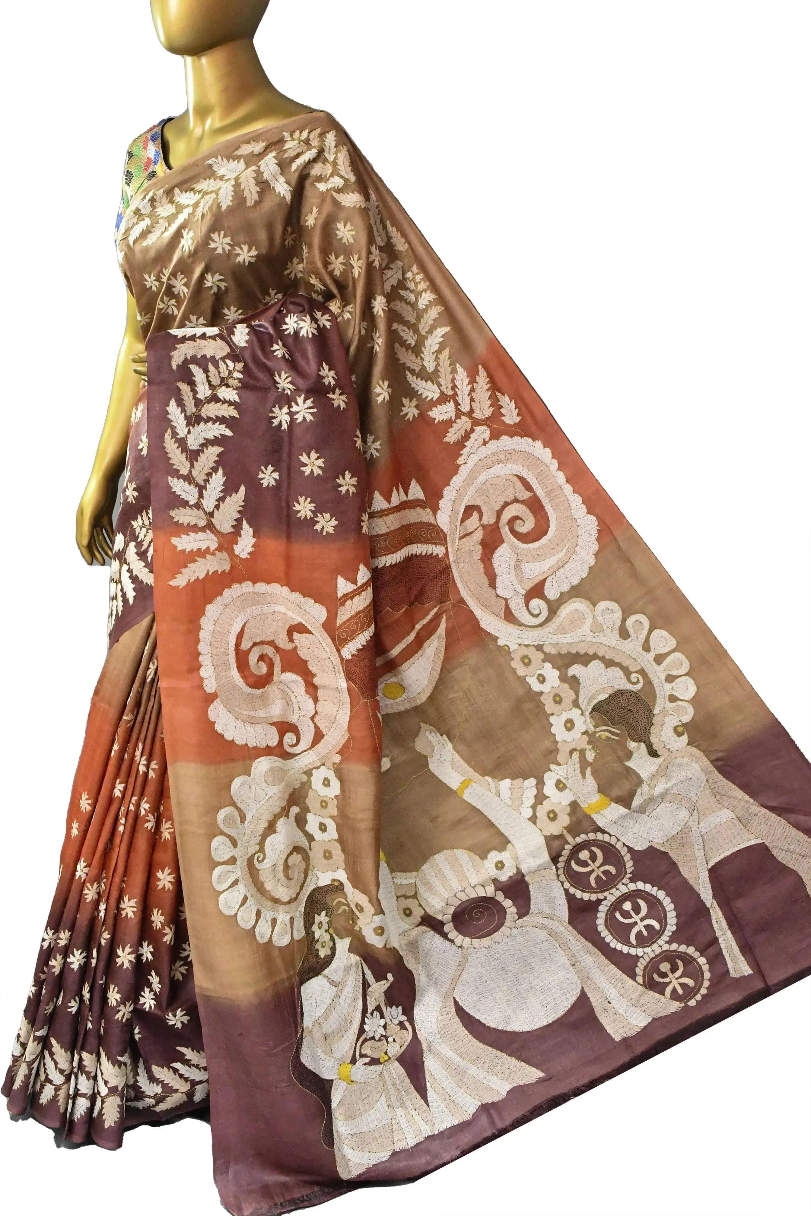 Multicolor Brown and Rust Color Pure Gachi Tussar with Kantha Embroidery