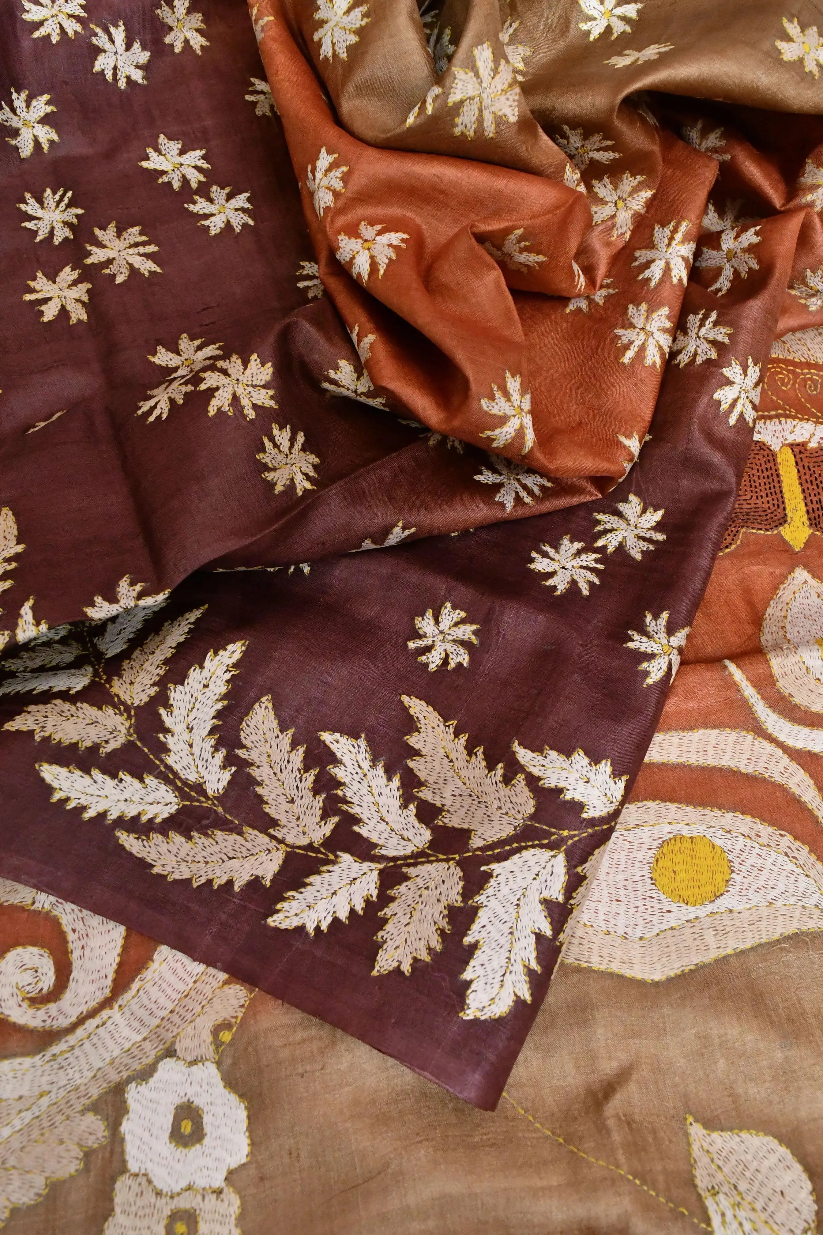 Multicolor Brown and Rust Color Pure Gachi Tussar with Kantha Embroidery