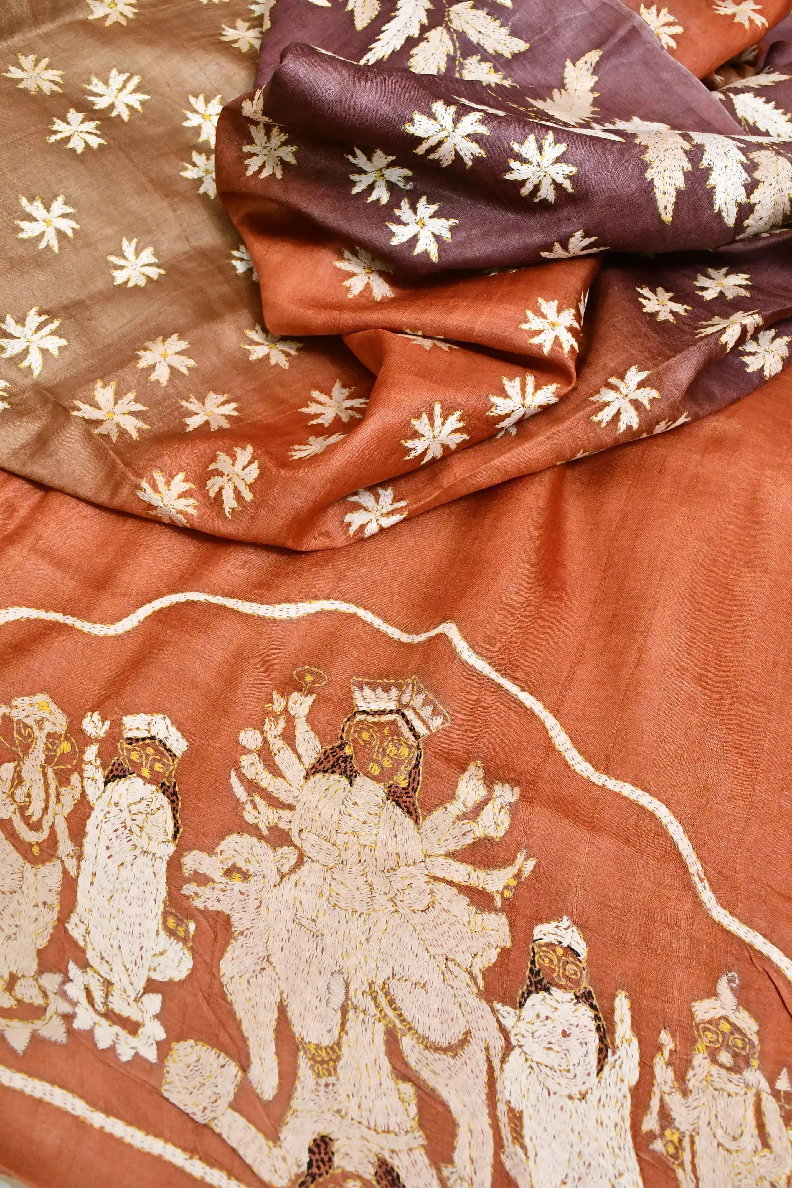 Multicolor Brown and Rust Color Pure Gachi Tussar with Kantha Embroidery