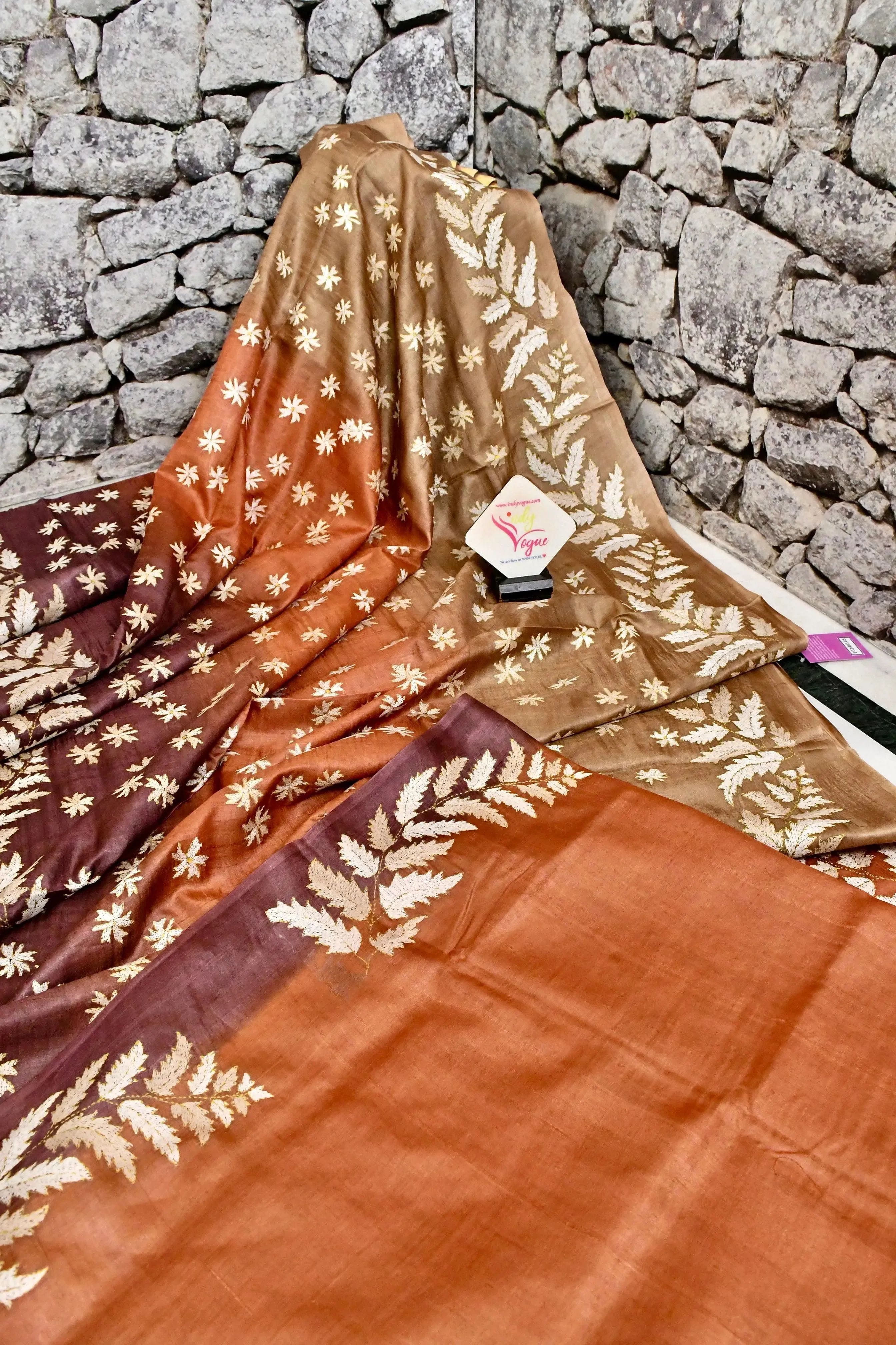 Multicolor Brown and Rust Color Pure Gachi Tussar with Kantha Embroidery