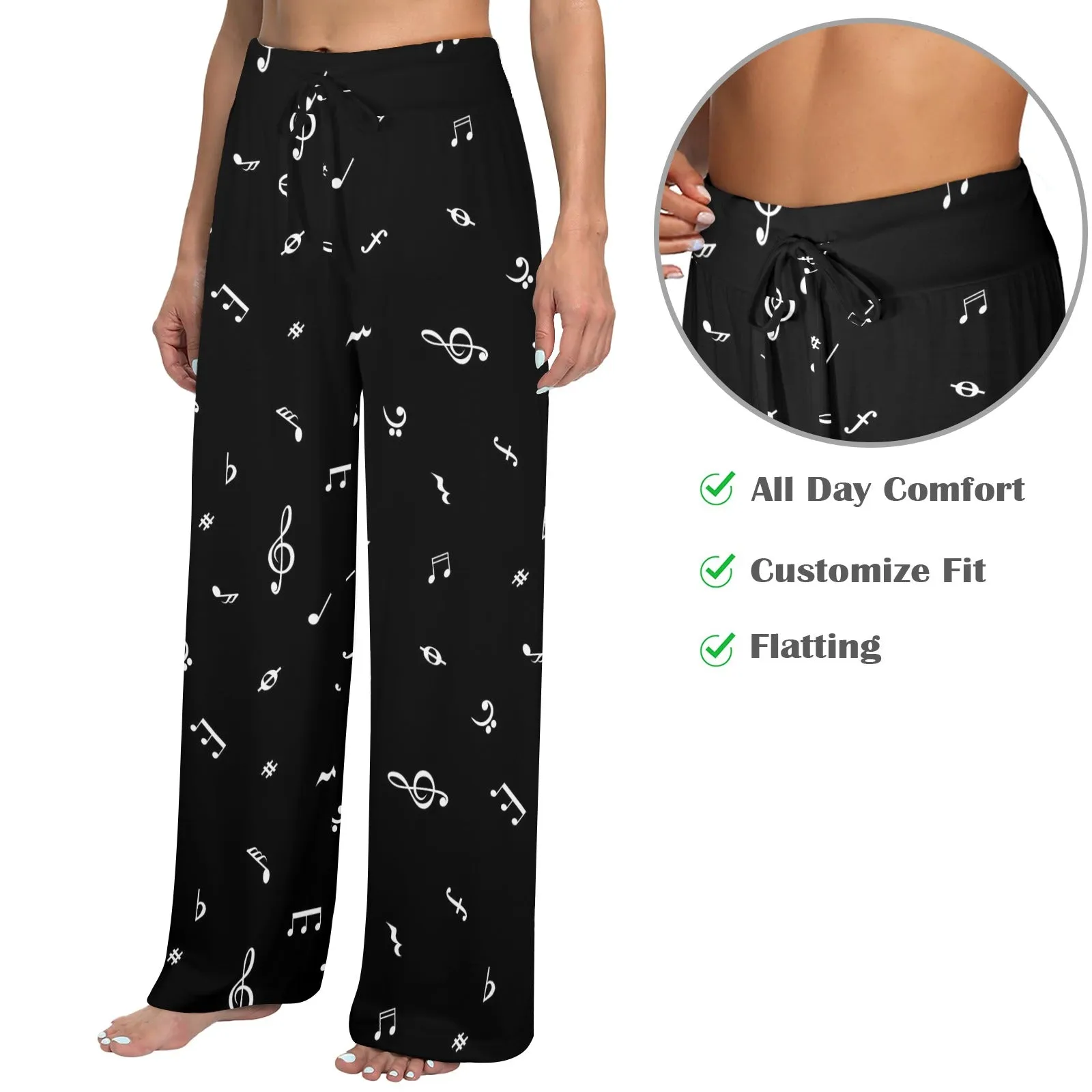 musical note blouse white on black Women's Wide Leg Lounge Pants (Model L77)