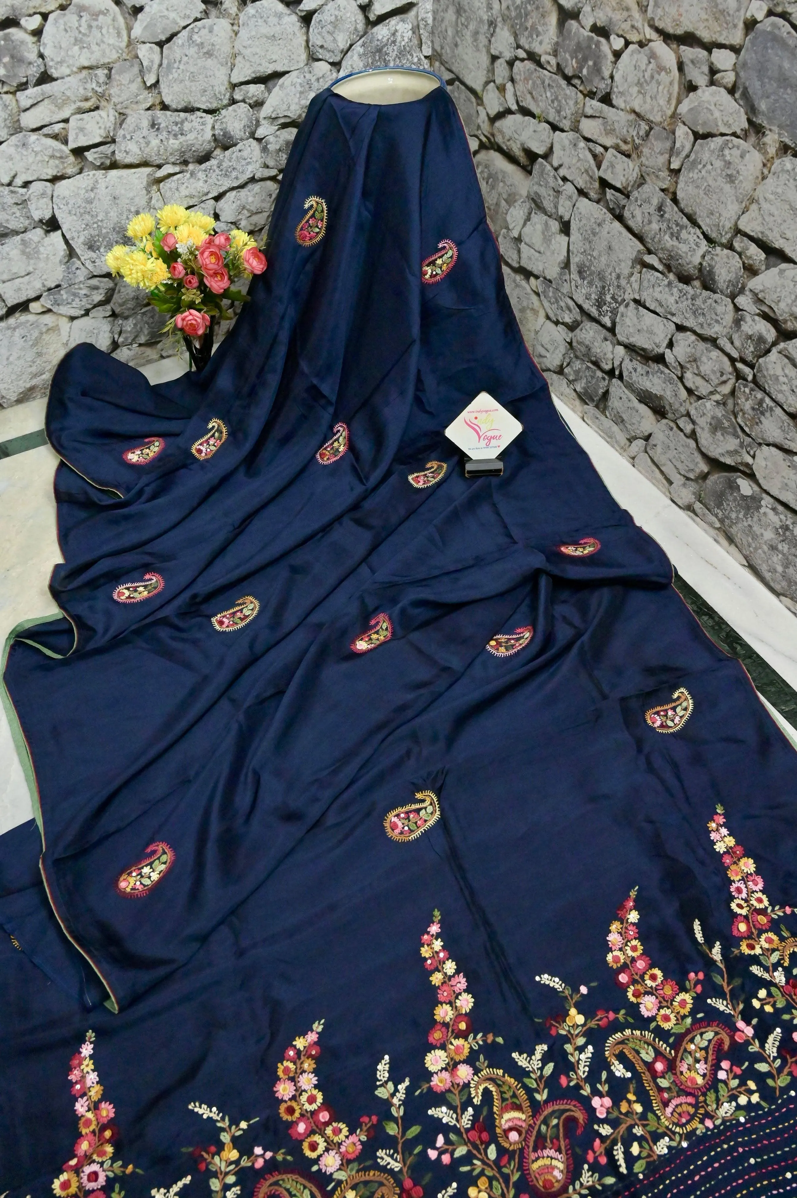 Navy Blue Color Chinon Silk Banarasi with Hand Parsi & Bullion Embroidery