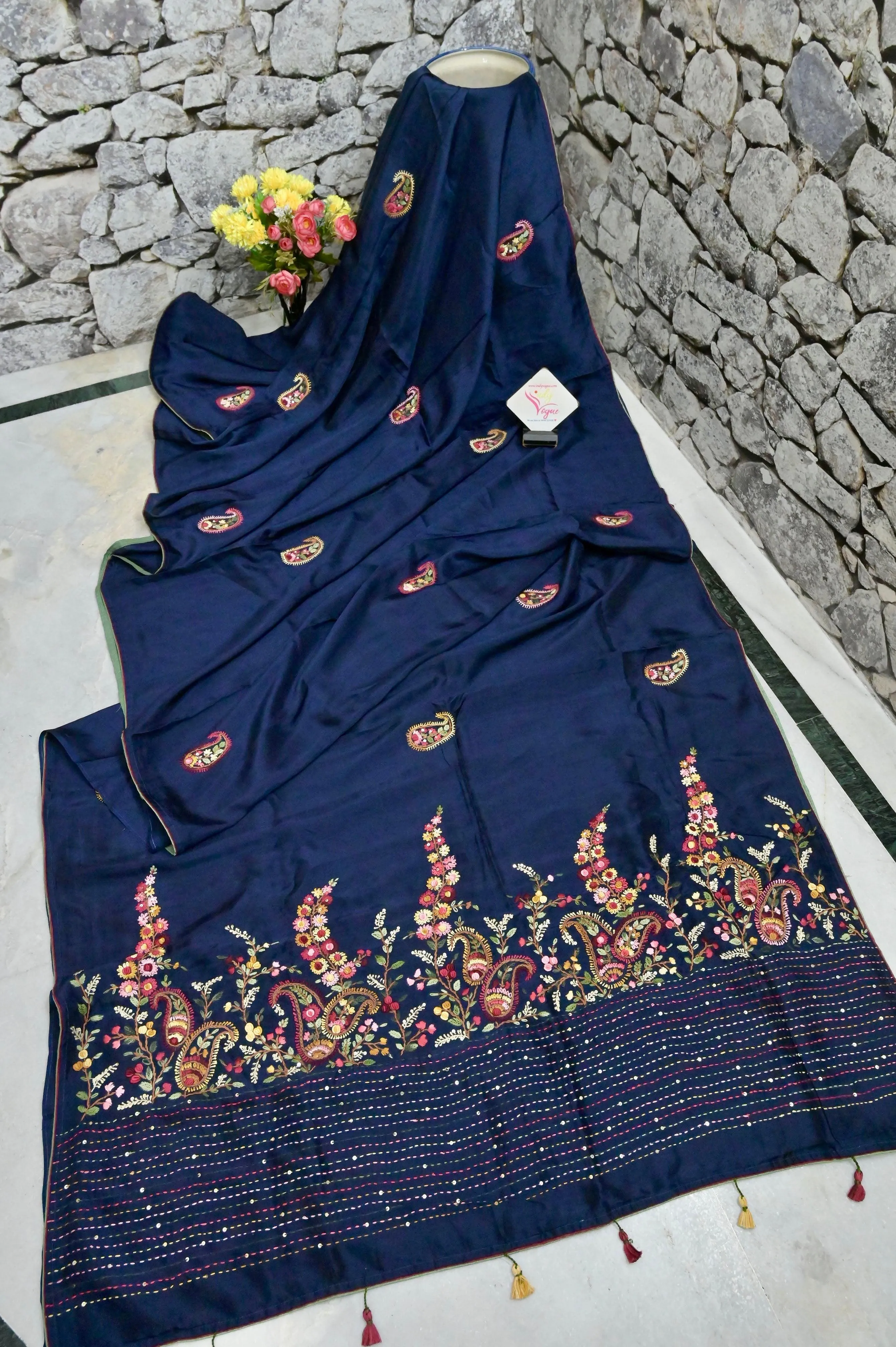 Navy Blue Color Chinon Silk Banarasi with Hand Parsi & Bullion Embroidery