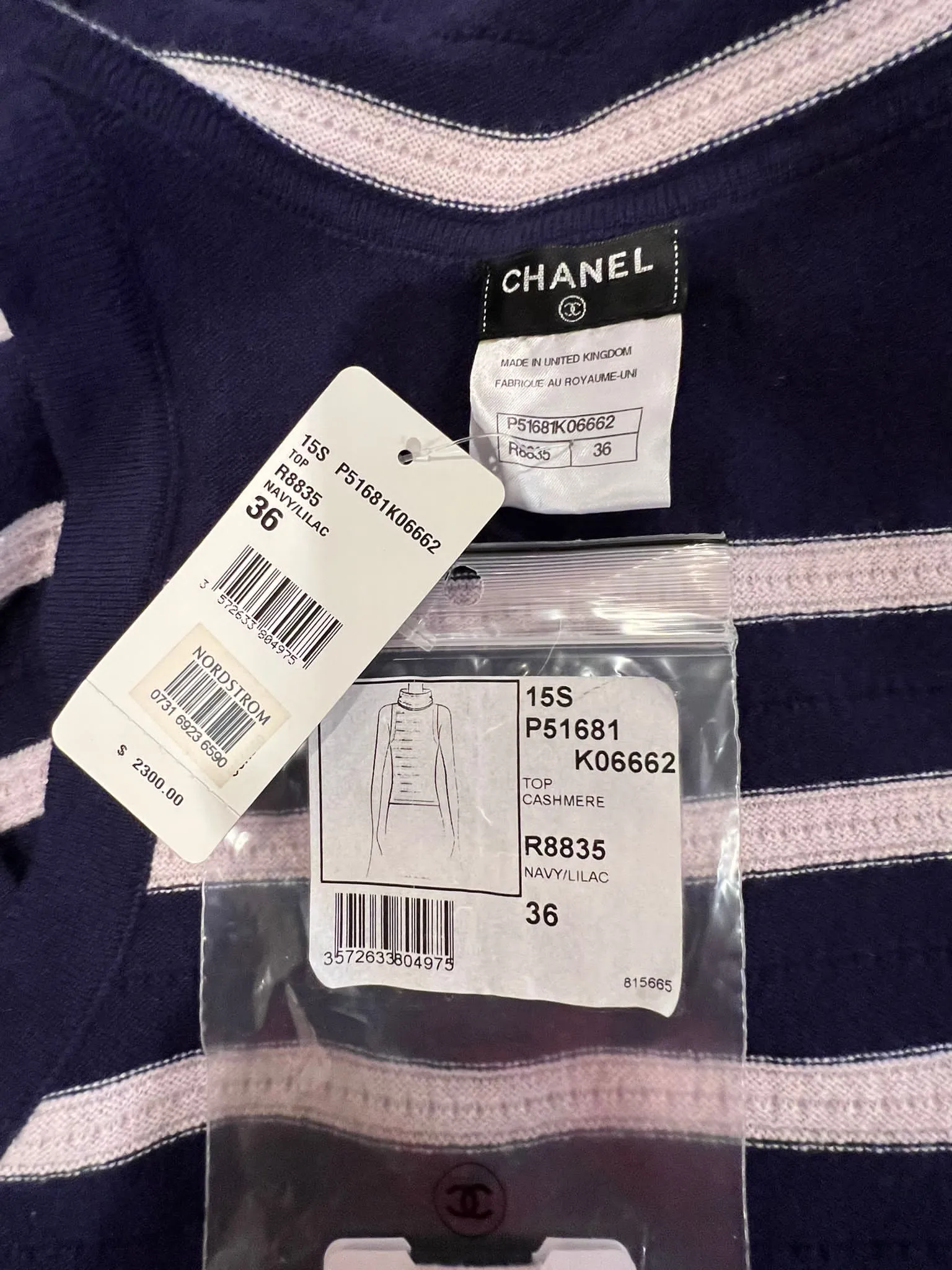 NWT Chanel 15S 2015 Summer Cashmere Navy Blue Lilac Stripe Sleeveless Turtleneck Sweater Top Blouse FR 36 US 4