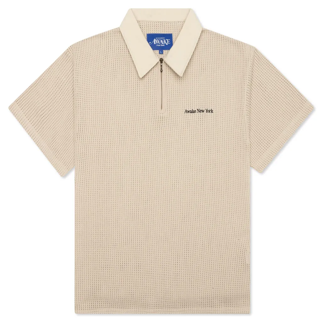 Open Knit Embroidered Polo - Cream