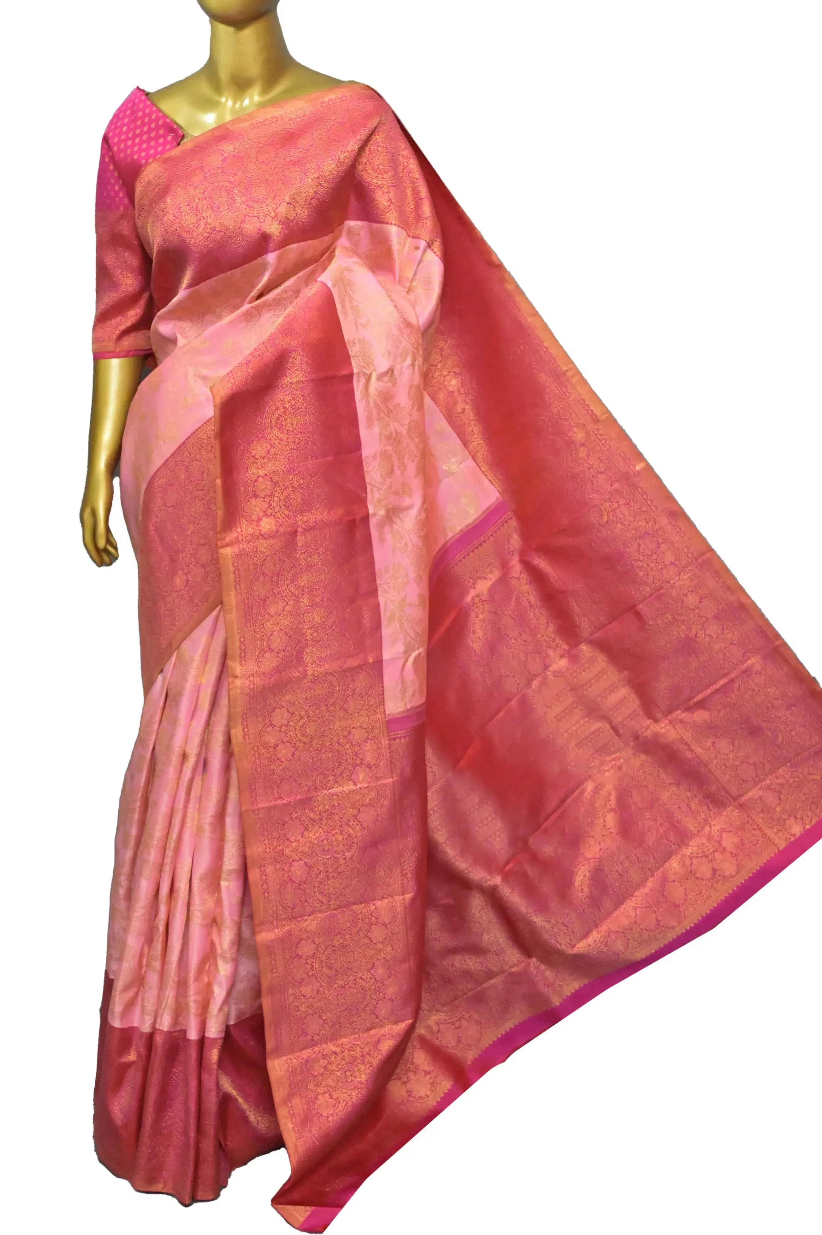 Peach Pink Color Korvai Kanjeevaram Silk Saree with Pure Gold Zari Weaving