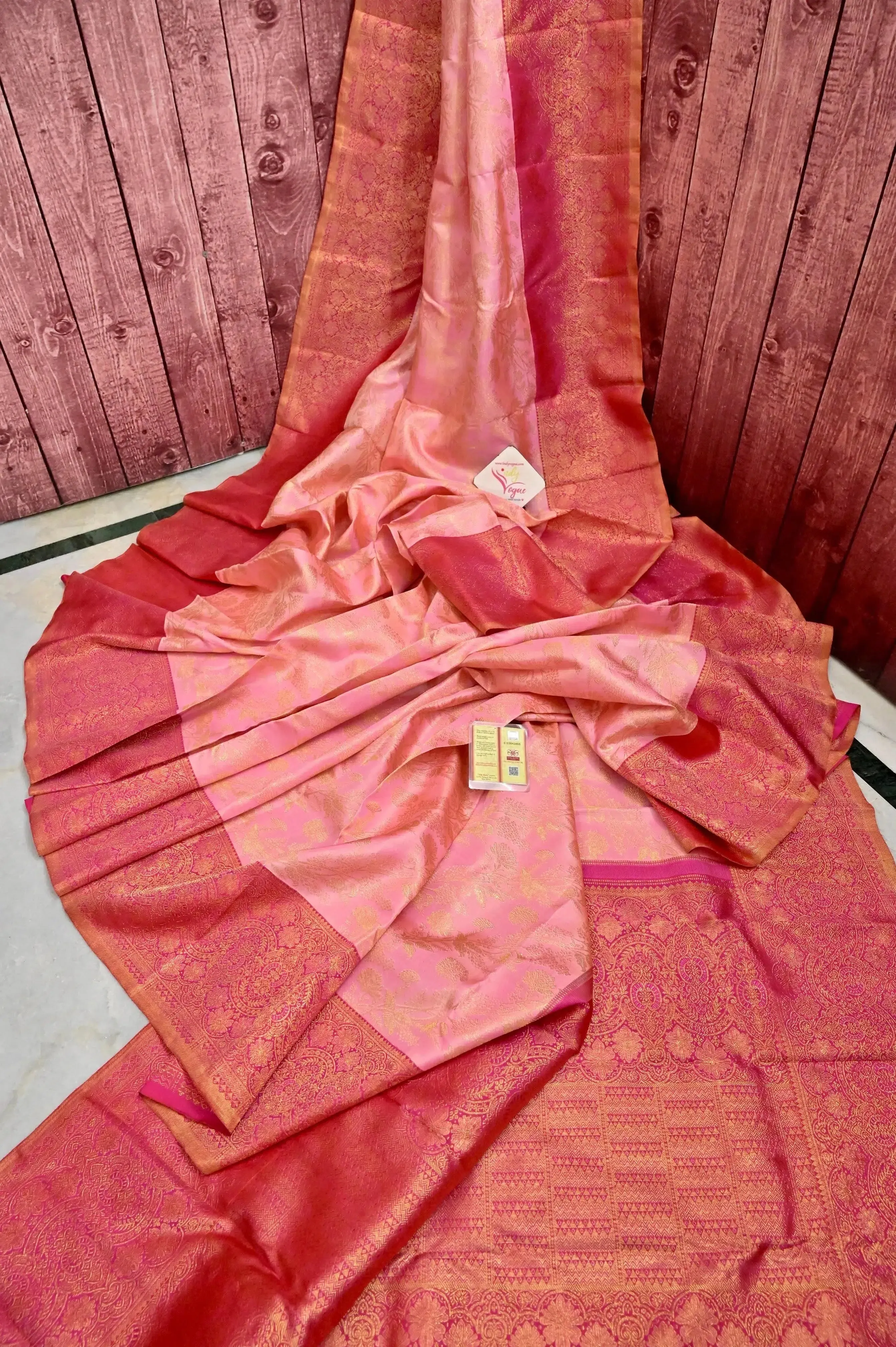 Peach Pink Color Korvai Kanjeevaram Silk Saree with Pure Gold Zari Weaving