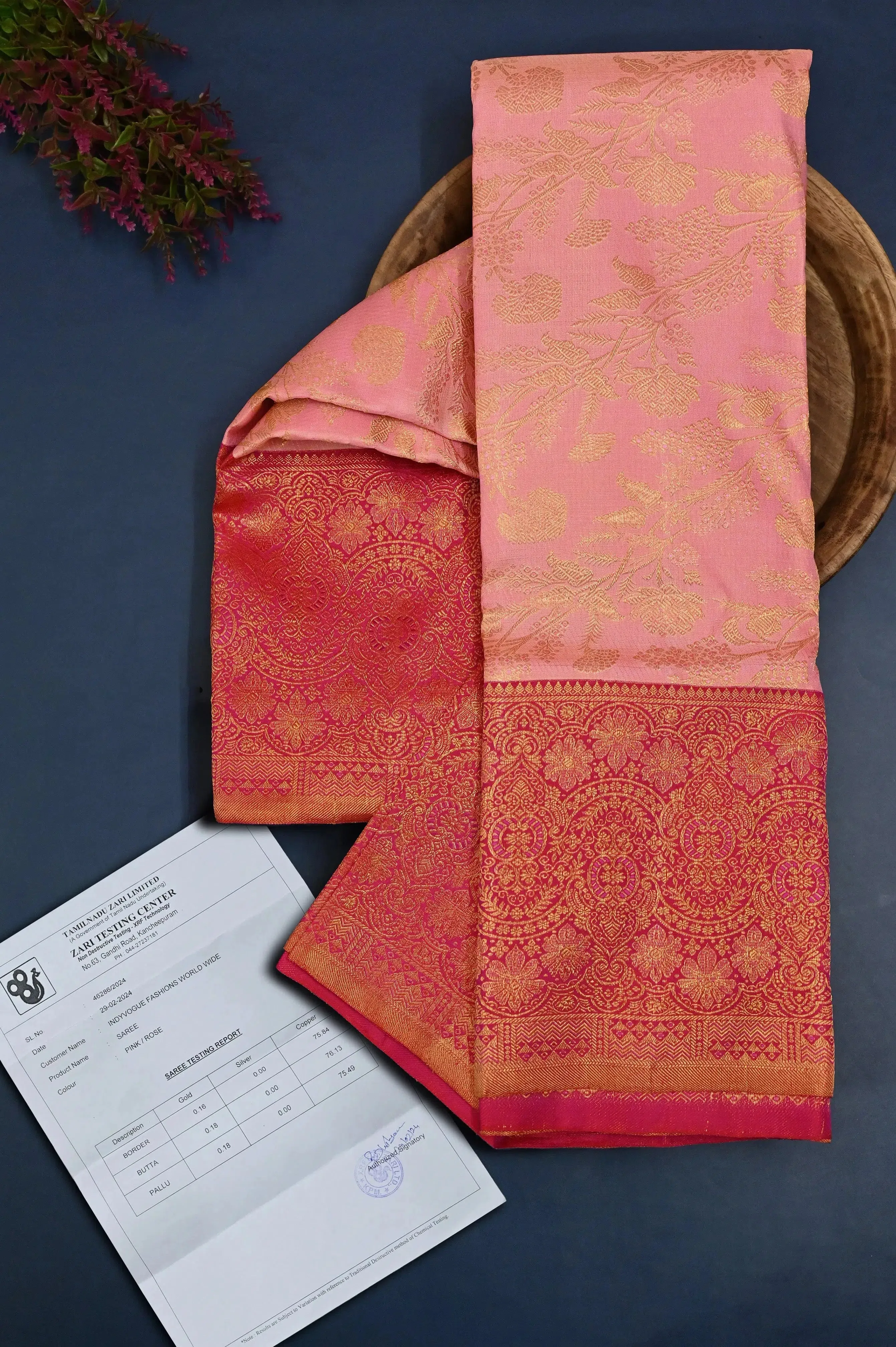 Peach Pink Color Korvai Kanjeevaram Silk Saree with Pure Gold Zari Weaving